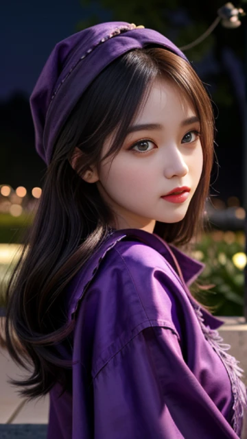 (8k, masterpiece, best quality), ultra-detailed, detailed beautiful round eyes, beautifully detailed face, high quality, high resolution, 1 girl, medium breast, (purple cloth:1.5), nighttime, full moon night garden background,