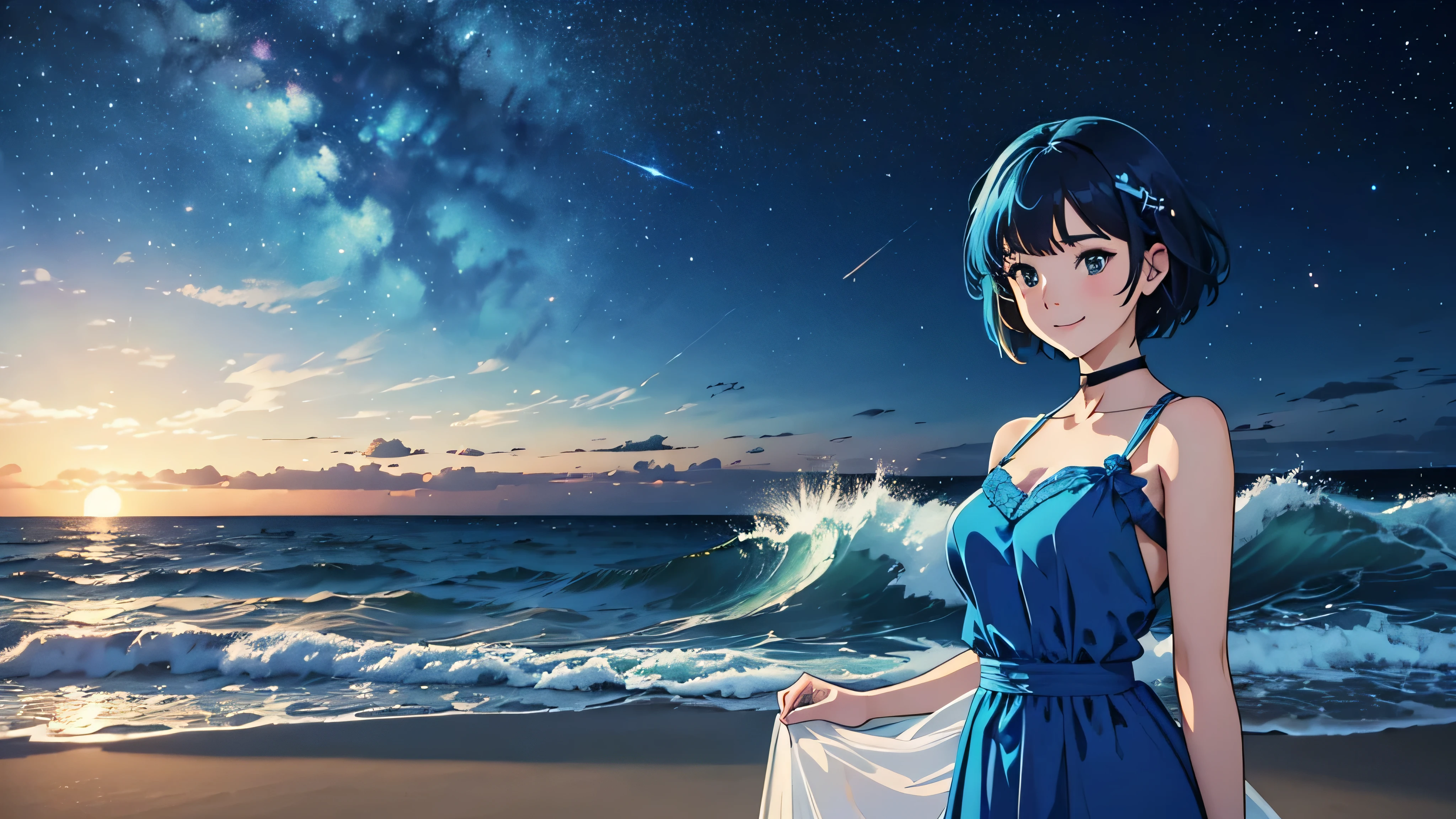 Create a bust-up shot of a smiling girl with a short bob hairstyle. She should be looking towards the sea from a sandy beach with her hair gently swaying in the wind. The setting is nighttime with a starry sky above. The girl is wearing a bright blue costume inspired by waves, and her hair is also bright blue to match. The overall atmosphere should be fantastical.