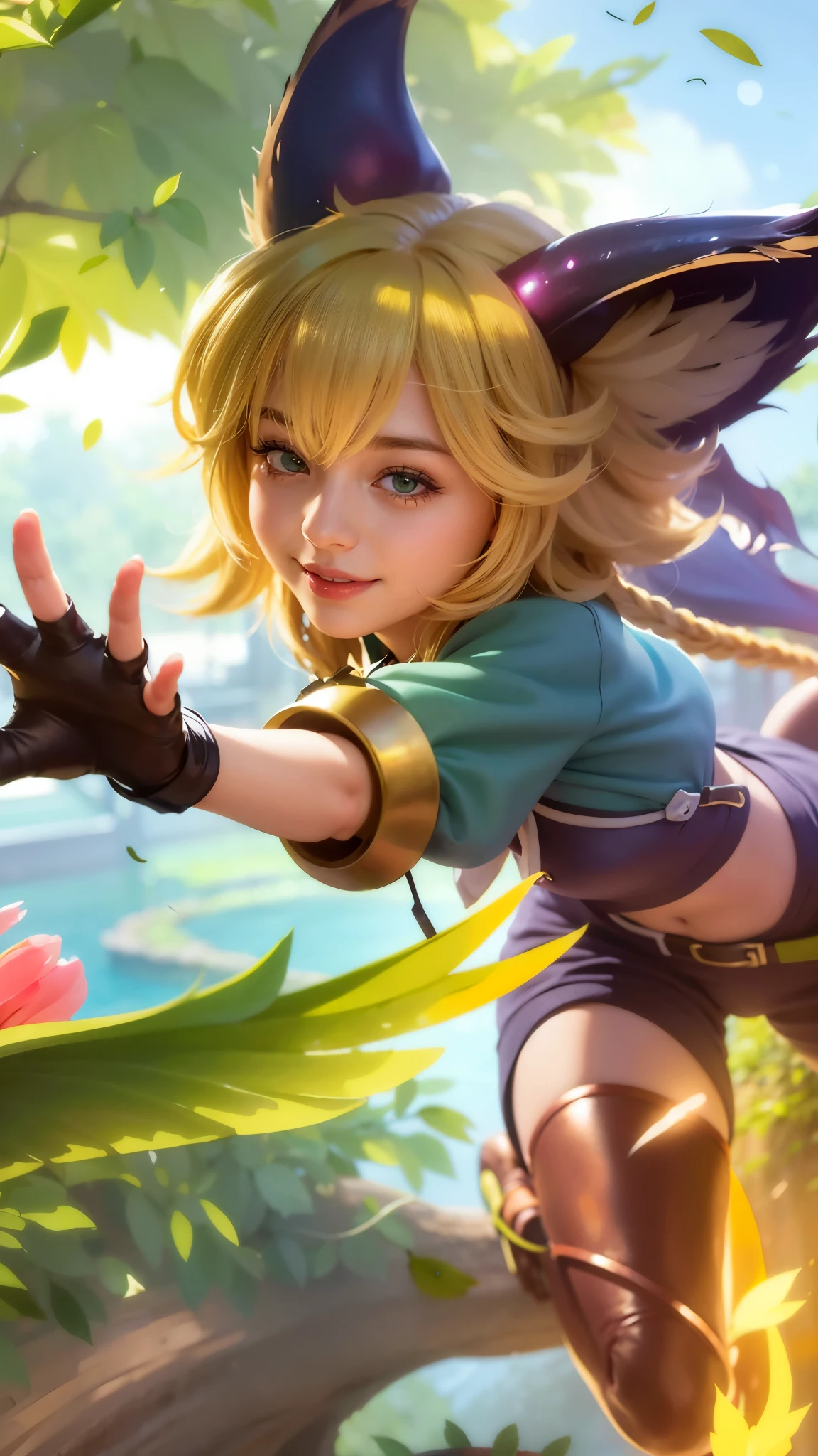a girl with a cat hat and gloves, 8k, ultra hd, ultra detailed texture, hyper realistic, masterpiece, detailed texture, detailed face, detailed skin, detailed lighting, (photorealistic:1.5), best quality, beautiful lighting, cinematic lighting, professional lighting, ultra highres, realistic, detailed hair, real hair, high quality, (realskin:1.5), extremely detailed, finely detail, ultra-detailed, green eyes, smile.