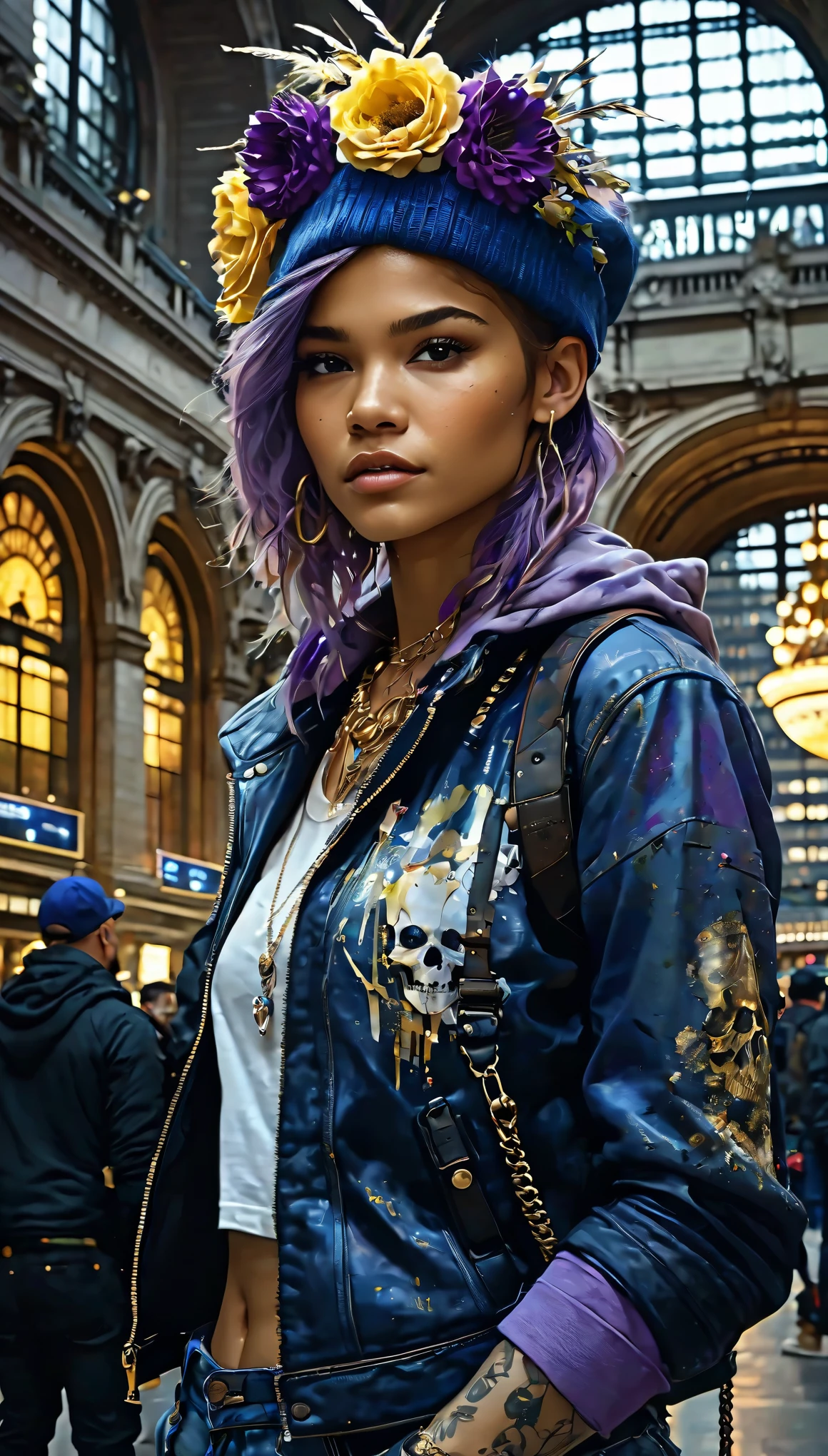 (zendaya), at the the Grand Central Terminal, cinematic, medium shot, whole head in frame, detailed face, detailed eyes, evening, punk aesthetic, pale blue ripped jeans, braces, suspenders, black boots, white shirt, skull, heart, necklace, chain, bullets, black leather jacket, dark blue beanie, tattoo sleeve, right arm, intricate design, flowers, yellowed skull, dyed hair, light purple roots, blue ends, navy T-shirt, rock, chick, messy hair, Full body, Beautiful anime waifu style girl,hyperdetailed painting, luminism, art by Carne Griffiths and Wadim Kashin concept art, dark background, abstract beauty, approaching perfection, pure form, golden ratio, minimalistic, dark atmosphere, unfinished, concept art, by Brian Froud and Carne Griffiths and Wadim Kashin and John William Waterhouse, intricate details, 8k post production, high resolution, hyperdetailed, trending on artstation, sharp focus, studio photo, intricate details, highly detailed, by greg rutkowski