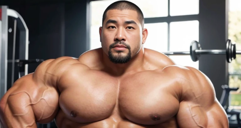 (tank top:1.4), (at gym:1.4), 40's, (Japanese face:1.4), (Korean face:1.4), (Chinese face:1.4), (Taiwanese face:1.4), manly face, fat face, (round face:1.4), (monolid eyes:1.2), (buzz cut:1.5), very large and strong body, bulky body, beefy muscles, (bulging muscles:1.4), (very large pectoral muscles:1.4), (muscular arms:1.4), muscular abs, muscular legs, muscular back, bright oily skin, (realistic:1.2), distant view
