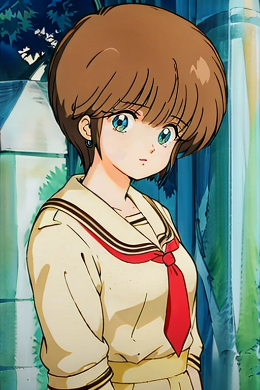 1girl, Hikaru Hiyama, sxtopaz, short hair, brown hair, blue eyes, earrings, lipstick, police uniform, portait 