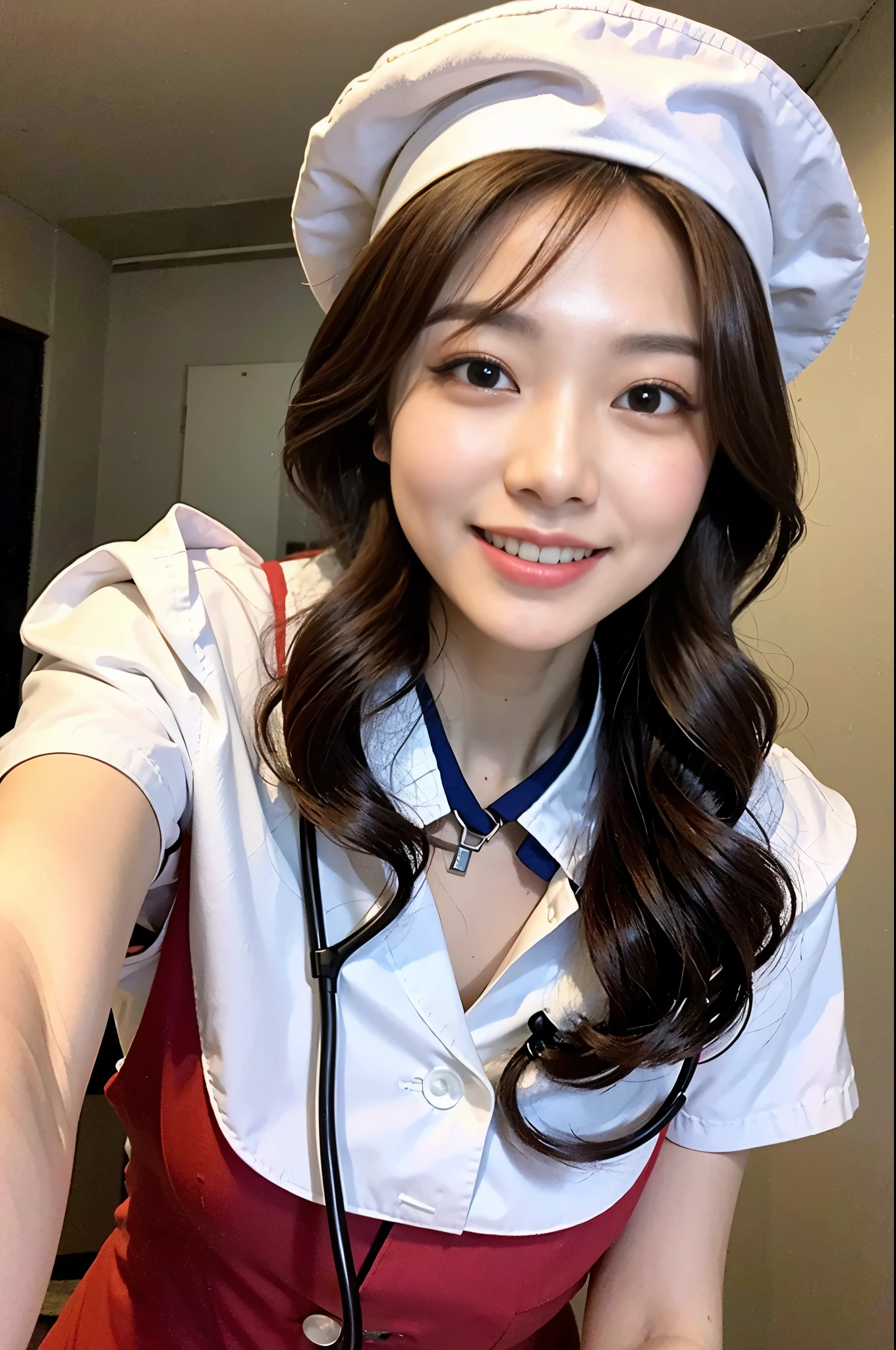 (top-quality、tmasterpiece、movie lighting、)、The sins of Japanese beauties、Glossy reddish-brown shorthair、hair pin、Disheveled hair、Floating hair、beauitful face、Slouched、squatt、(Nurse、White nurse uniform、Nurse hat、Wrap the stethoscope around your neck、)、Beautiful smooth breasts、Hourglass body、Attract the smile of the audience、looks into camera、Knock down the photographer，Speak with your crotch、Video from below、Hospital Rooms、close face、shiny skins、Bold sexy pose、Beautiful Finger、