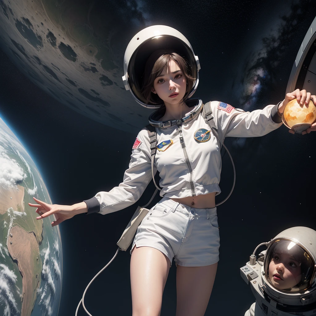 (8k, RAW photo, best quality, masterpiece:1.2), (realistic, photo-realistic:1.37), (1girl, in the air), full body, deep depth of space, universe background, Mysterious planet,(white shirt, white shorts),1 planet,((Astronaut helmet,reflective)),