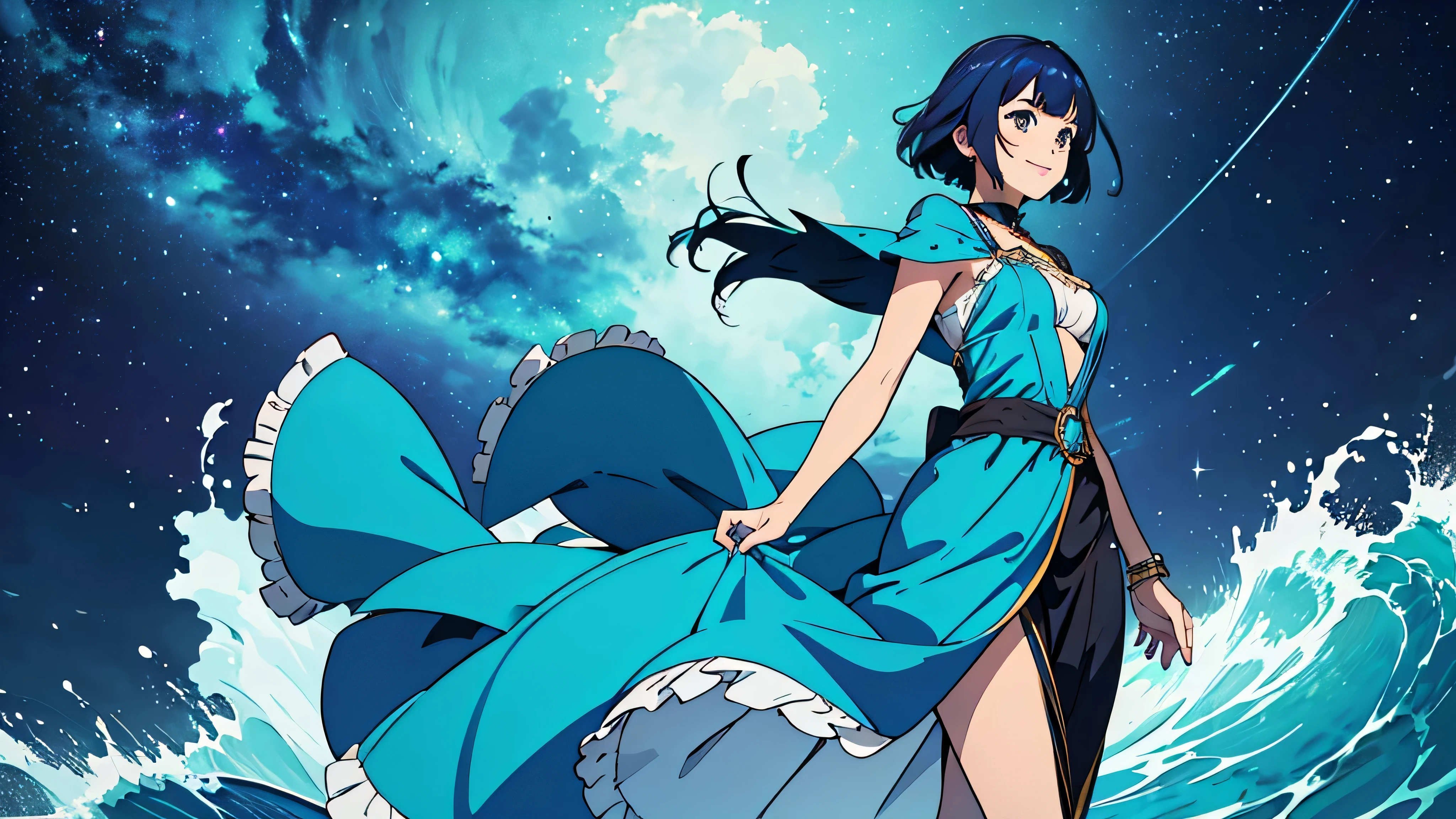 Create a bust-up shot of a smiling girl with a short bob hairstyle. She should be looking towards the sea from a sandy beach with her hair gently swaying in the wind. The setting is nighttime with a starry sky above. The girl is wearing a bright blue costume inspired by waves, and her hair is also bright blue to match. The overall atmosphere should be fantastical.