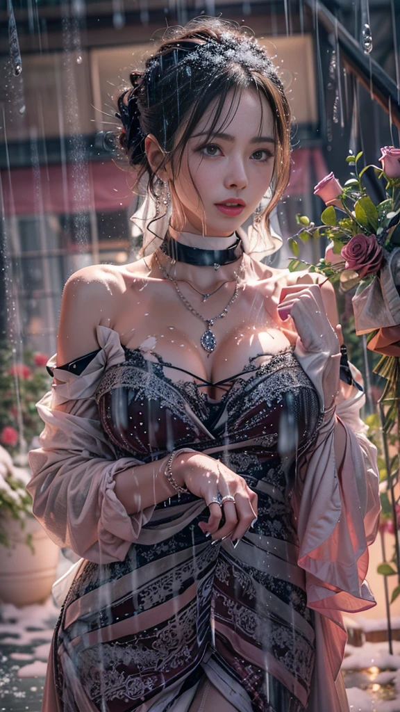(RAW shooting, Photoreal:1.5, 8K, highest quality, masterpiece, ultra high resolution), ((((heavy snow, storm)))), Highly detailed skin and facial textures:1.3, perfect dynamic composition:1.2, (In front of a church at night in a modern city, expression of sadness:1.0, Tears are flowing:1.0, cry with a broken heart:1.0), Slim office lady wet in the rain:1.3, cowboy shot, Fair skin:1.2, sexy beauty:1.1, perfect style:1.2, beautiful and aesthetic:1.1, very beautiful face:1.2, water droplets on the skin, (rain drips all over my body:1.2, wet body:1.2, wet hair:1.3), (professional dressing:1.1, Holding a bouquet of wet roses:1.2, The correct way to wear a wet pink wedding dress:1.3), (Medium chest, Bra see-through, Chest gap), (Eyes that feel beautiful eros:0.8, Too erotic:0.8, Bewitching:0.8), necklace, earrings, bracelet, wedding ring, Highly detailed and accurate hand and finger representation