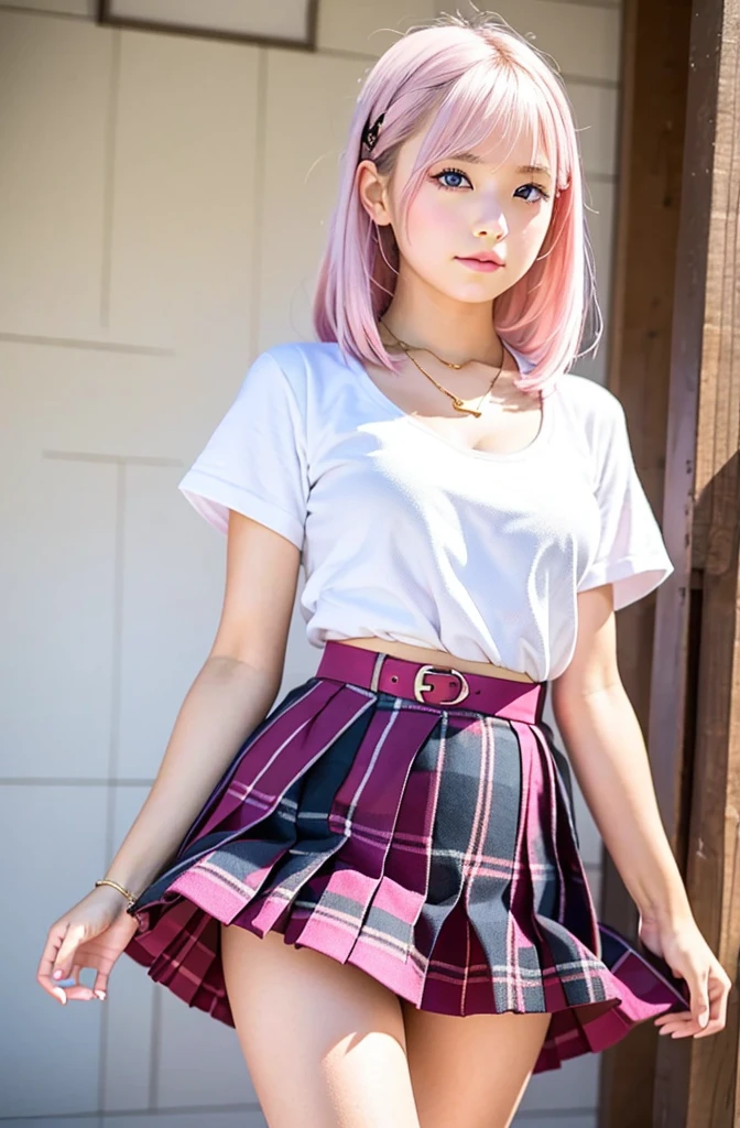 ((skirt lift:1.3)),((Pink platinum hair:1.15)),((Panty shot:1.3)),Japanese gal style makeup,gold necklace, gold bracelet, gold belt, {{Low-rise skirt with slit}}, plaid pleated skirt, {{{へそ length white shirt}}}, {{{{Shirt tied under the chest}}}}, socks, long hair,1 girl,(highest quality,4k,8K,High resolution,masterpiece:1.2),1 beautiful woman,18-year-old,35mm lens,f/1,considerable breasts,soft sunlight,bright colors,playful expression