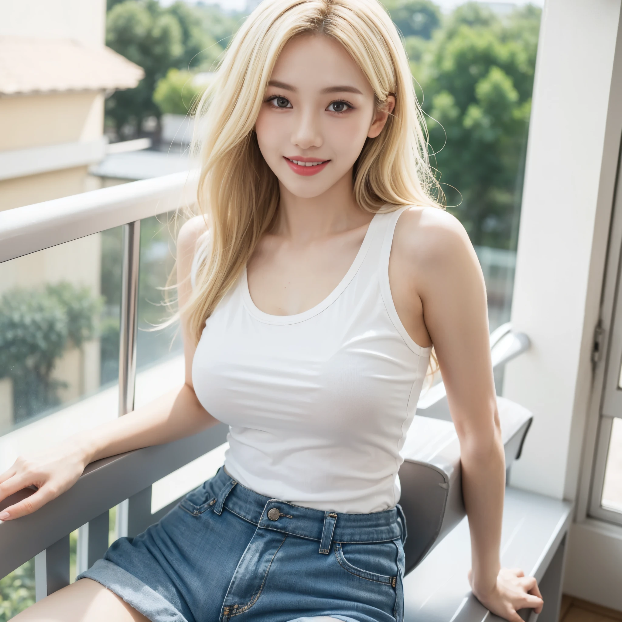 (1 Girl Solo, 17 year old Girl, Sexy, Blonde Hair, waved hair, tank top, short pants :1.4), (Sexy Woman, UpperBody shot, :1.3), ((anatomically correct)), large breasts, seductive smile, large aparture, professional lighting, Sony A7R4, Zessie 50mm F1.8, (Futuristic Portrait), (Close-Up:1.2), From Above, rim lighting, (Summer, In The Countryside, balcony :1.3), large breasts, seductive smile, large aparture, professional lighting, Sony A7R4, Zessie 50mm F1.8,