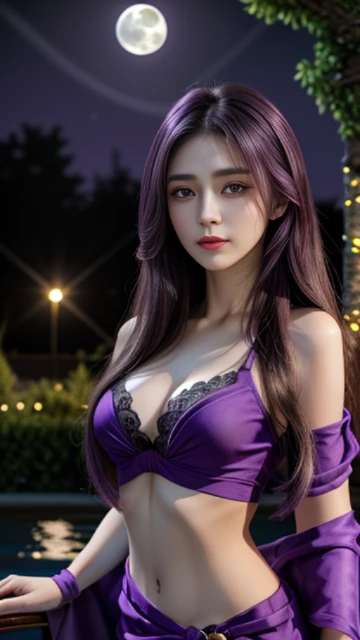 (8k, masterpiece, best quality), ultra-detailed, detailed beautiful round eyes, beautifully detailed face, high quality, high resolution, 1 girl, medium breast, (purple cloth:1.5), (bare waist:1.2), nighttime, full moon night garden background,