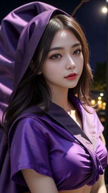 (8k, masterpiece, best quality), ultra-detailed, detailed beautiful round eyes, beautifully detailed face, high quality, high resolution, 1 girl, medium breast, (purple cloth:1.5), (bare waist:1.2), nighttime, full moon night garden background,