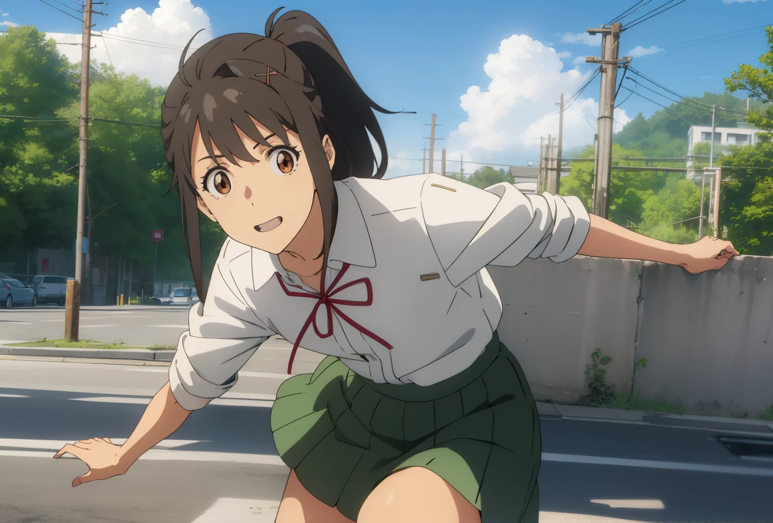 suzume iwato, long hair, black hair, hair ornaments, (brown eyes:1.5), hair clip, ponytail, smile,
white shirt, red ribbon, green long skirt,
break outdoors, null, Day, cloud, sun,
 masterpiece ,8k unity wallpaper,anime key visual,highest quality, High resolution, unity 8k wallpaper, (shape:0.8), highly detailed face,highly detailed eye,glowing eyes , shiny skin,fine skin,white skin,dense skin,detailed hair,highly detailed legs,perfect lighting, Detailed CG, (perfect hands, perfect ???????),High resolution,anime key visual,Kyoto Animation,(Detailed wear ),slender limbs, delicate curves, dainty hands, tiny feet,figure:0.8,
