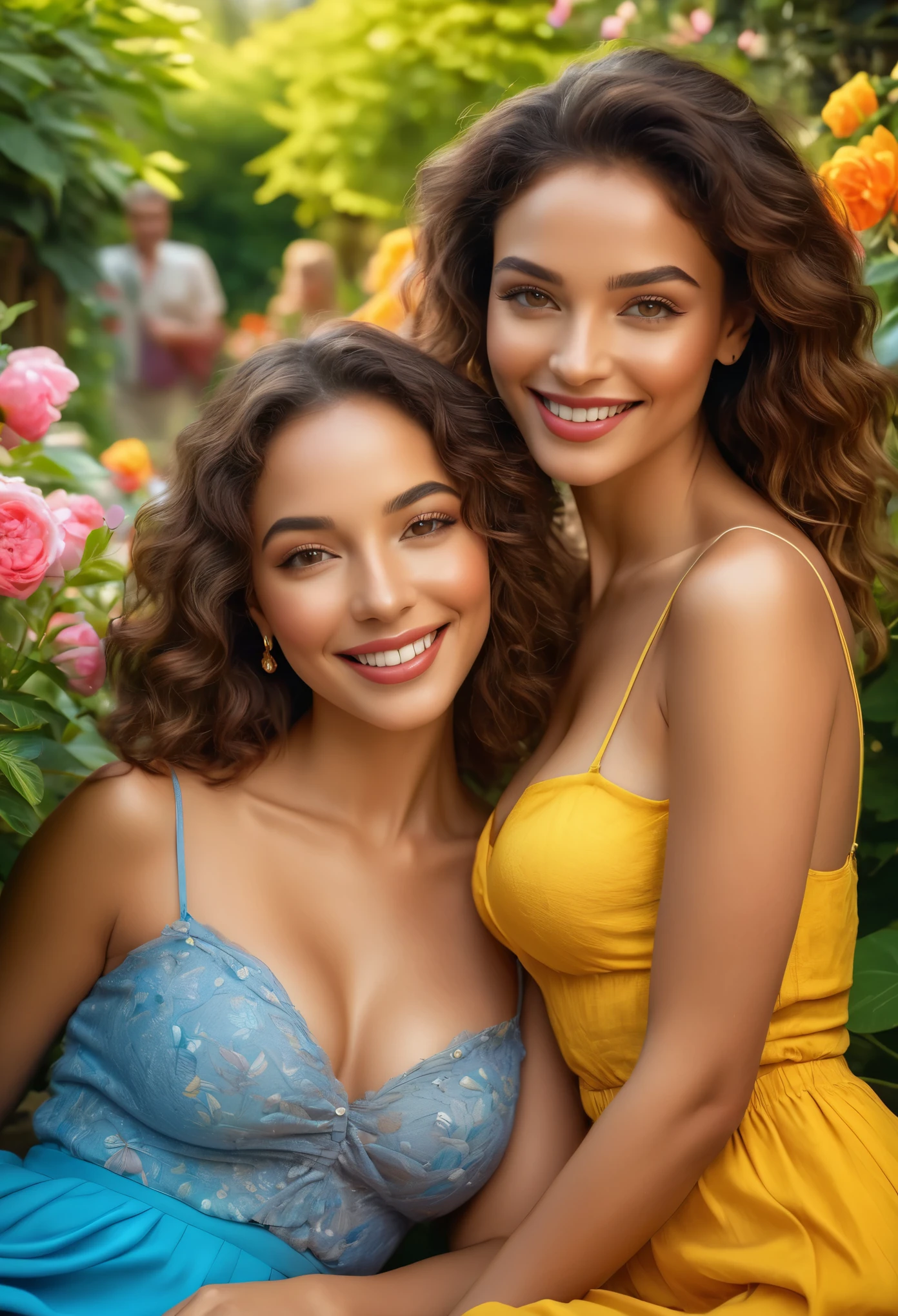 ((Best Quality, 4K, 8K, High Definition, Masterpiece: 1.2), (Ultra Detailed, Photorealistic, Portrait: 1.37), Detailed eyes and lips, beautiful face, exquisite makeup, charming and charming two mixed-race girls, bright colors, soft lighting, girls in the garden, lush leaves, flowers in full bloom, stunning Dutch scenery, laid-back atmosphere, seductive gaze, seductive pose, about to spill Breasts, visible nipples, admiring tourists, satisfied smiles, happy laughter, harmonious composition, looking for fun, seductive charm, seductive atmosphere, scenic beauty, photo realistic Rendering, artistic excellence, highlighting the feminine charm, vivid color palette, luxurious setting, vibrant energy, expressive personality, charming expression, highly detailed moist skin texture, She exudes a terrifying sexual charm that no one can resist (NSFW:1.2)