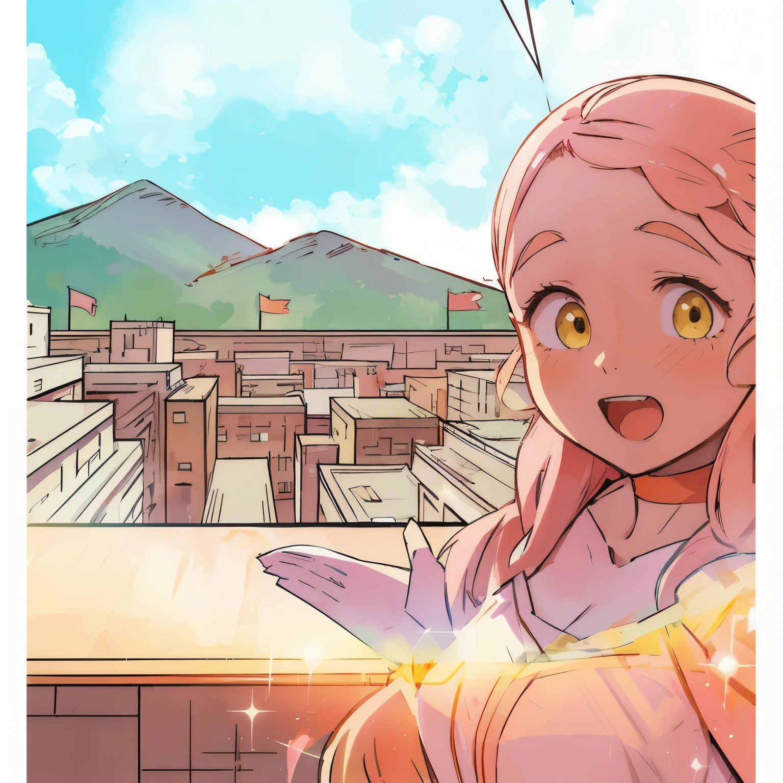 anime girl with a pink dress and a yellow scarf on a balcony, in front of a fantasy city, official fanart, giantess art, town in the background, city in the background, ancient city streets behind her, anime style cityscape, digital anime illustration, manga illustration, a fantasy comic book style, background art, in manga style, in anime style, digital manga art, cores fortes, cores saturadas (colorido)
