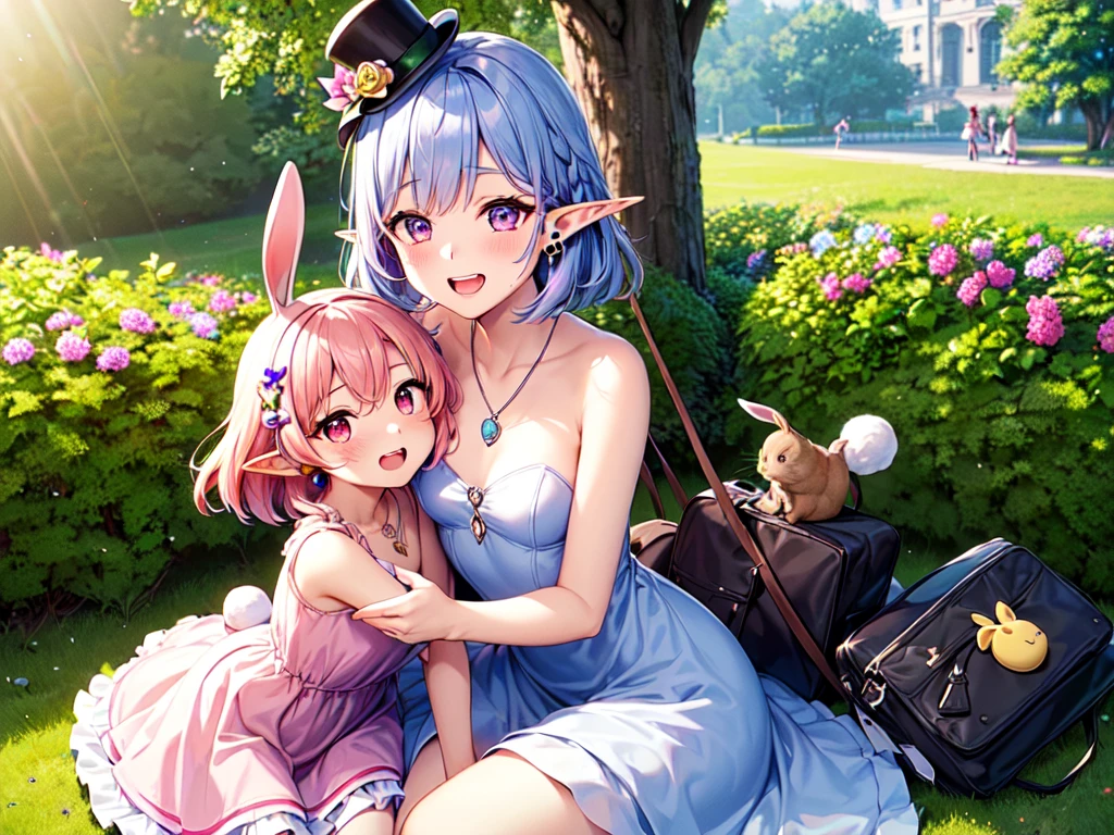 (plural of girls: 1.4)、 (2 women:1.4) 、(rabbit、複数のrabbit)、(Hug a rabbit:1.3)
(flower garden、outdoor、Happy easter:1.3)、(Super beautiful CG、high resolution、highest quality)、(smile、blush、medium chest、double teeth、elf earasterpiece:1.8)、((super quality))、((Ultra-detail illustration))、((stunning CG))、
BREAK
(short hair, (pink hair)、(Lilac eyes)、(Shining eyes:1.1)、dress、(フリルdress、紫色のdress)、(heart necklace:1.1)、hat、(small top hat:1.1))、
BREAK
(medium hair、(two side up:1.1)、(purple hair)、hair ornaments、(花のhair ornaments)、(黒色のhair ornaments)、(red eyes)、(Shining eyes:1.1)、dress、(オフショルダーdress)、(ゴシックdress)、(黒のdress)、gloves、(白いgloves)、bag、(小さなbag:1.1)、(ショルダーbag:1.1)、(ハートの形のbag:1.1)、
、(Everyone is sitting:1.4)、(plural of girls: 1.4)、 (2 women:1.4) 、(rabbit、複数のrabbit)、(Hug a rabbit:1.3)