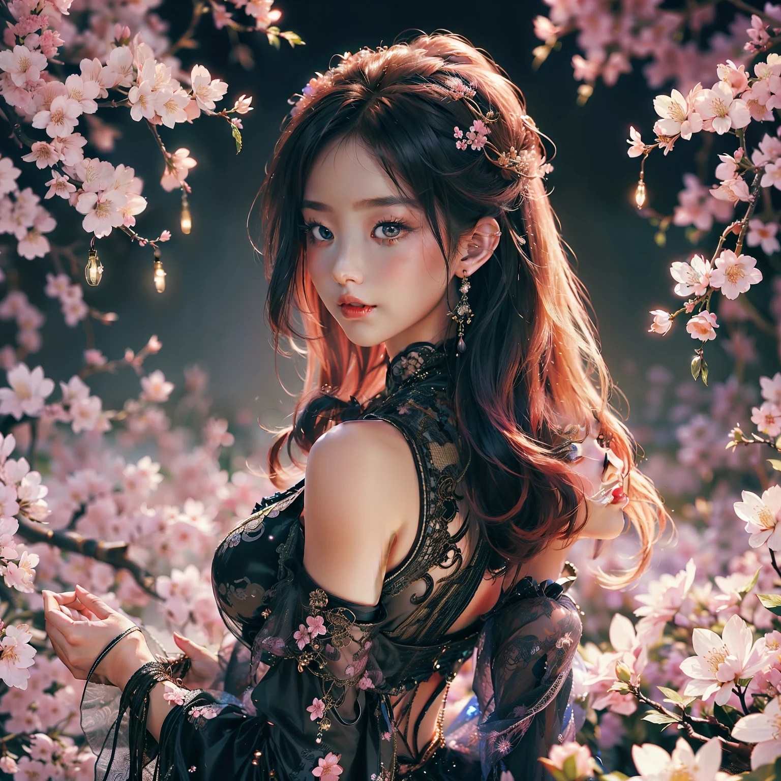 Beautifull young lady oriental,upper body shot,in very fantasical atmosphere, back Ground very Beautiful a lot of cherry blossom and Stream, mysterious lights, intricate details, extremely detailed, incredible details
