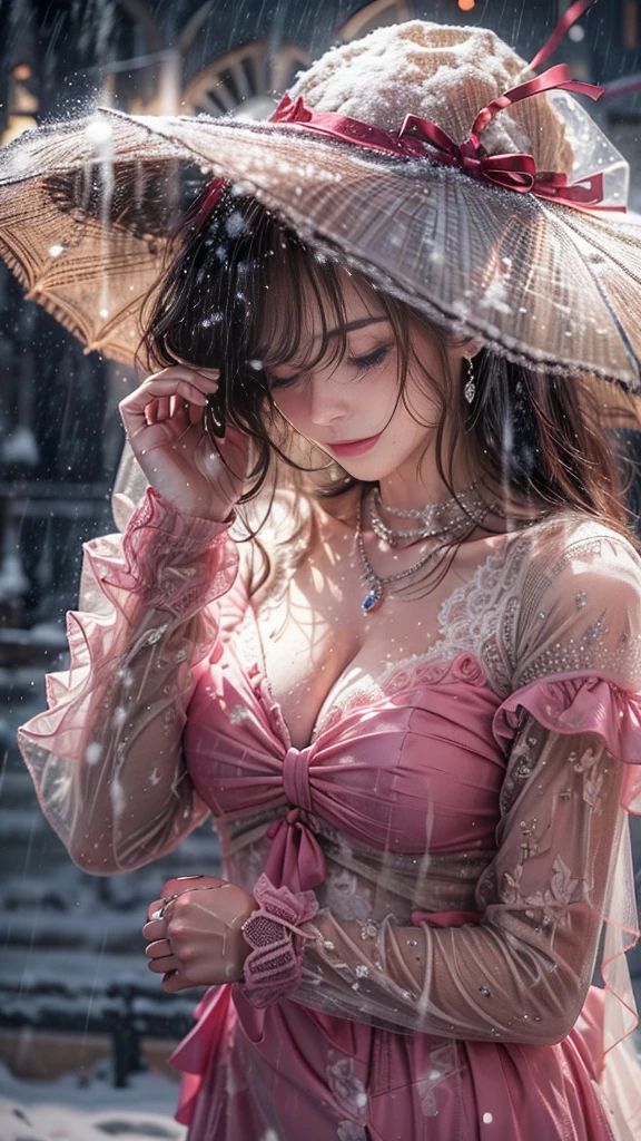 (RAW shooting, Photoreal:1.5, 8K, highest quality, masterpiece, ultra high resolution), ((((heavy snow, storm)))), Highly detailed skin and facial textures:1.3, perfect dynamic composition:1.2, (In front of a church at night in a modern city, expression of sadness:1.0, Tears are flowing:1.0, cry with a broken heart:1.0), Slim office lady wet in the rain:1.3, cowboy shot, Fair skin:1.2, sexy beauty:1.1, perfect style:1.2, beautiful and aesthetic:1.1, very beautiful face:1.2, water droplets on the skin, (rain drips all over my body:1.2, wet body:1.2, wet hair:1.3), (professional dressing:1.1, Holding a bouquet of wet roses:1.2, The correct way to wear a wet pink wedding dress:1.3), (Medium chest, Bra see-through, Chest gap), (Eyes that feel beautiful eros:0.8, Too erotic:0.8, Bewitching:0.8), necklace, earrings, bracelet, wedding ring, Highly detailed and accurate hand and finger representation
