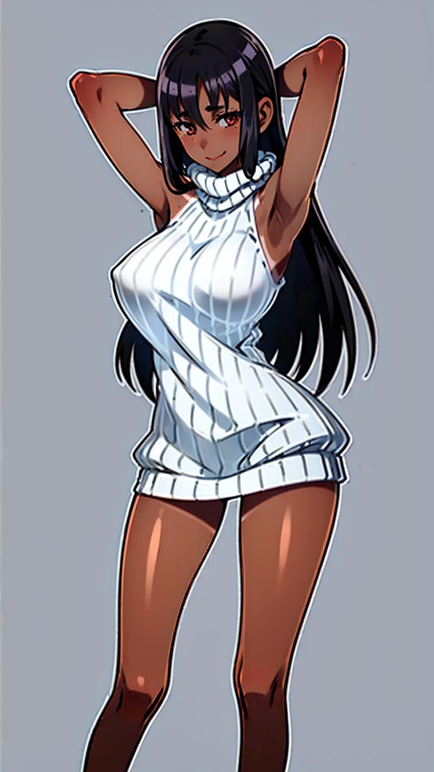 (Best Quality, masterpiece), 1girl, smile, (young girl), (armpits), (arms behind head), (Black hair), short hair, (virgin_killer_sweater:1.4), (large breasts), (tan:1.4), (tanlines:1.4), dark-skinned female, dark skin, (standing), (simple_background),