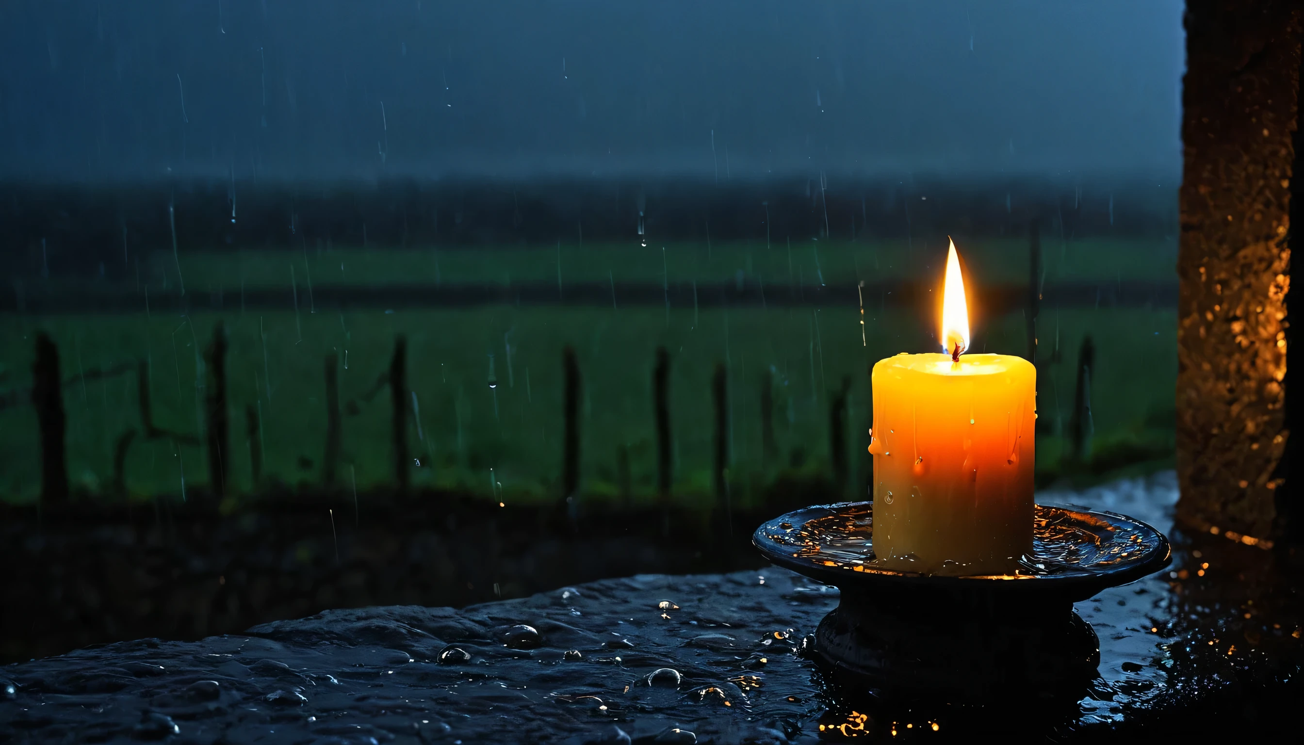 lonely candle, The flame dances weakly in the cold wind., dark night. candle stands on a stone railing, Dim light casts long shadows across the damp surroundings...
The rain keeps falling, By gently tapping on the wax of the stone and candle.. Each drop of water splashed into a flame., Causes it to burn for a moment before settling back into a blinking state...
The wind howls all night, It pours down the rain and makes the candles dance and sway... Despite the anger of the spirits, The candle continues, The light becomes a beacon of warmth and comfort in a desolate field..
the background is deep, velvety black, Highlighted by the dim light of candlelight. Rain and wind create drama and tension.., While the steady flame of a candle brings calm to a chaotic night.
Create captivating images that demonstrate the resilience of candlelight despite the adversity of the night..