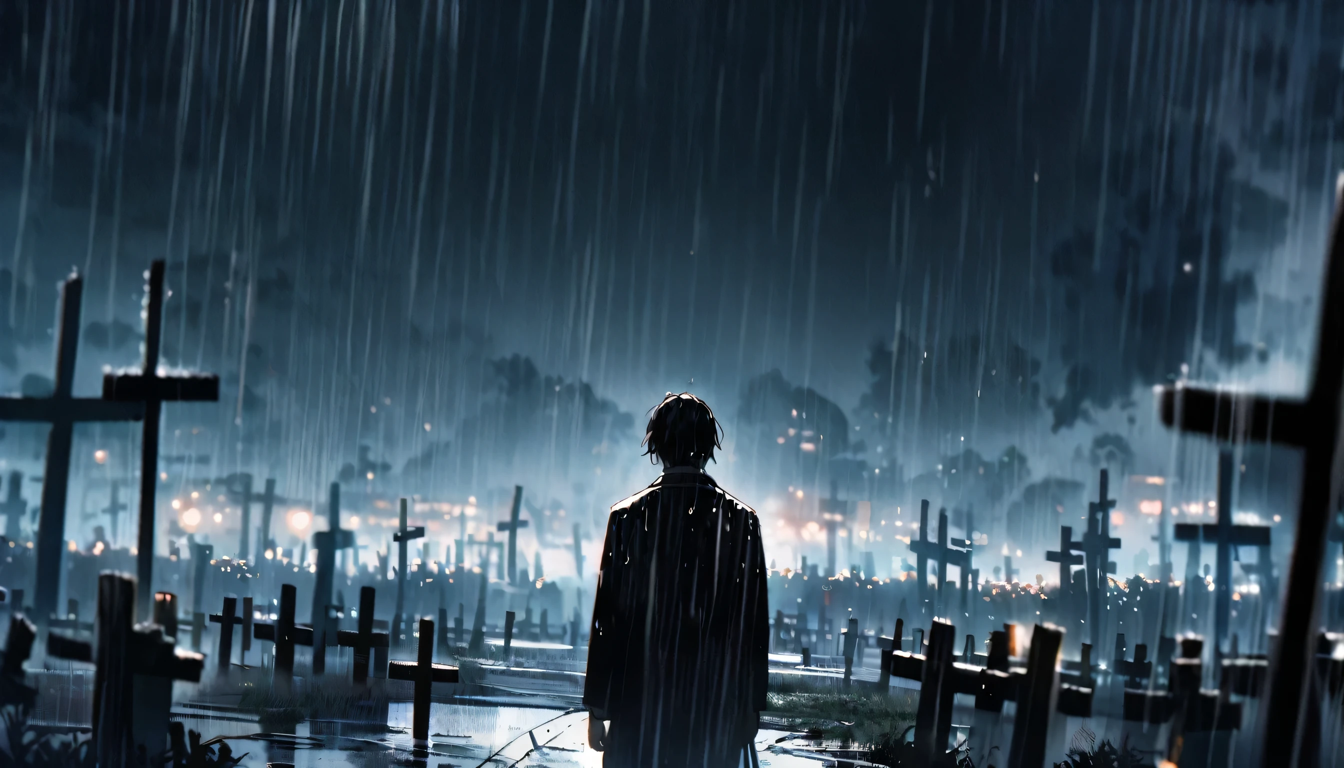 Sad boy in cemetery looking up amid intense rain, black clothes, Distant view, cinematic plan
