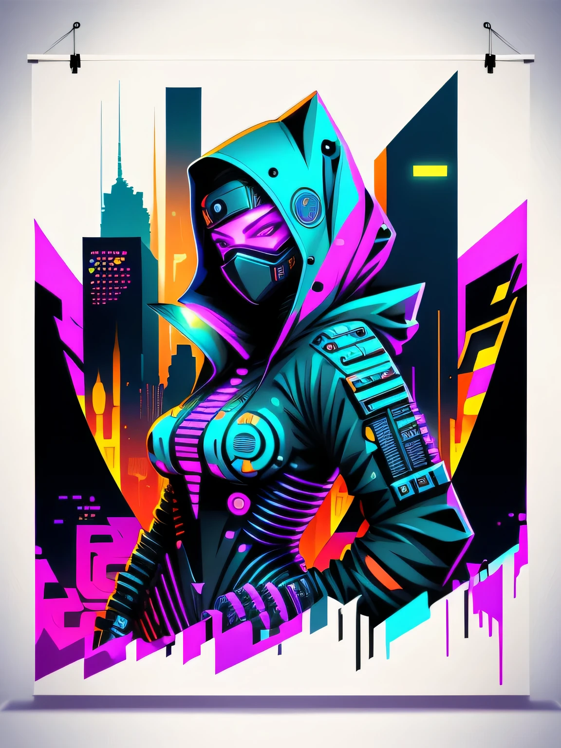 Cyberpunk 3D Ninja Robotic Woman, Colorful Graffiti Illustration, with Bitcoin and Hacker Decoration Futuristic Cyberpunk City Background with Crypto Collage, Realistic Image Style, Centered, Image on White Background (Poster Banner Art)