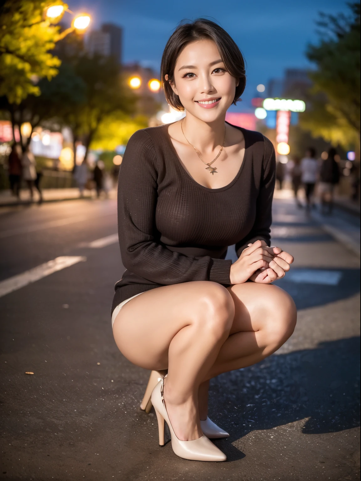 (Raw photo:1.2), (realistic:1.4),beautiful detailed woman,非常にfine eyesと顔, fine eyes, Super detailed,High resolution, very detailed,highest quality,enlightenment,unified,8k wallpaper,masterpiece,highest quality,1 female,alone,rich,Full body Esbian,(Slightly chubby body type:0.9),toned body shape,There'Foot meat,slim waist,alone,(beige knit,temperament knit skirt,high heels),jewelry necklace short hair,gentle smile,dignified atmosphere,black eye,realistic,central park , (night park:1.1)、(43 years old、Japanese)