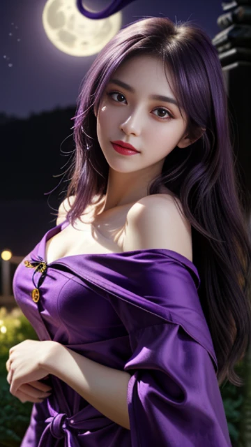 (8k, masterpiece, best quality), ultra-detailed, detailed beautiful round eyes, beautifully detailed face, high quality, high resolution, 1 girl, medium breast, (purple cloth:1.5), (bare waist:1.2), nighttime, full moon night garden background,