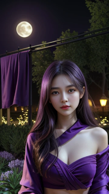 (8k, masterpiece, best quality), ultra-detailed, detailed beautiful round eyes, beautifully detailed face, high quality, high resolution, 1 girl, medium breast, (purple cloth:1.5), (bare waist:1.2), nighttime, half moon night garden background,