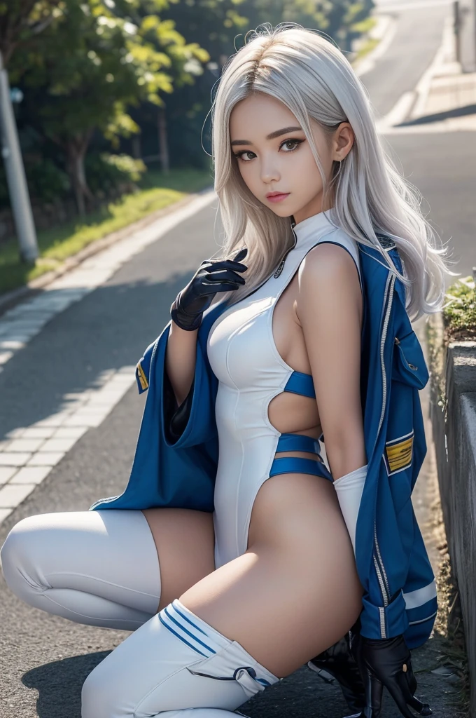 (obra de arte, Mais alta qualidade, higher resolution, distinto_imagem, Detalhes detalhados): (Sozinho, girl, Japan face, de cabelos azuis, cabelo curto, figura de corpo inteiro, Seios de tamanho pequeno, olhos azuis cintilantes, pilot suit in metallic white and blue tone, cor preta, roupas justas, roupas cobrindo todo o corpo, beleza, Corpo fino, exoesqueleto, botas de joelho, heroine, Supino, Coxas abertas de um lado para o outro, arm-length gloves, fone de ouvido)