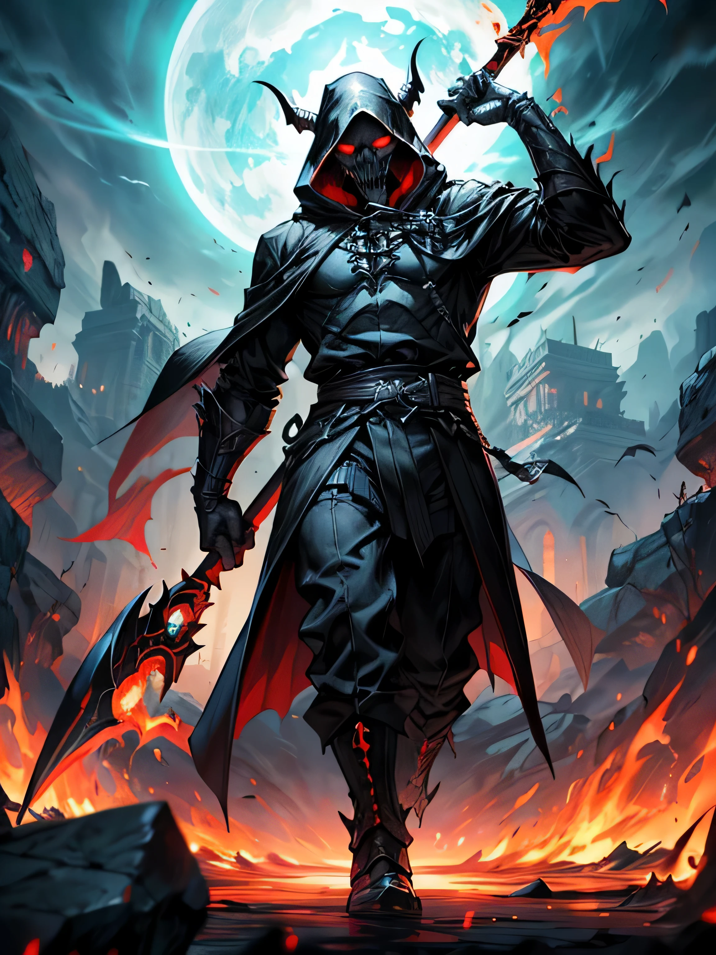 Title: "Infernal Vigil: The Flamebound Reaper" Description: Visualize a towering, muscle-bound incarnation of the Grim Reaper, radiating an aura of raw power and menace. His skeletal frame is obscured beneath layers of sinew and muscle, giving him a formidable and imposing presence. The Reaper's hood is pulled back, revealing a skull-like visage with flaming eyes that burn with an otherworldly intensity. Flames lick at the edges of his eye sockets, casting an eerie glow that illuminates his face with flickering shadows. His cloak billows behind him like tattered wings, hinting at his ethereal nature and the weight of his eternal task. In one hand, he wields a massive scythe, its blade wreathed in swirling flames that dance and flicker with each movement. Surround the Flamebound Reaper with an infernal landscape, where rivers of lava flow like molten gold and jagged peaks pierce the blood-red sky. The air crackles with heat and brimstone, adding to the sense of otherworldly power that emanates from the Reaper's form. Capture the essence of his grim purpose, conveying a sense of inevitability and finality in his silent vigil. Despite his menacing appearance, there is an air of sorrow and solemnity to his presence, as if he is burdened by the weight of his eternal task. Through careful use of lighting, shading, and texture, evoke a sense of depth and dimensionality in the Flamebound Reaper's form, emphasizing the contrast between light and shadow to create a truly haunting and realistic image.