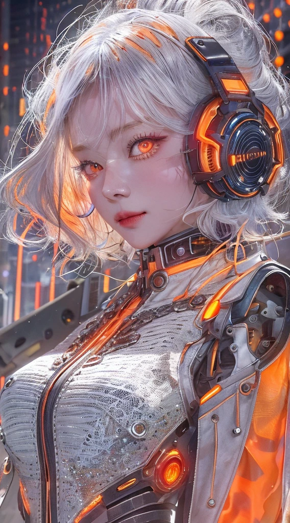 1 girl, Chinese_clothes, liquid silver and orange, cyberhan, cheongsam, cyberpunk city, dynamic pose, detailed luminous headphones, glowing hair accessories, long hair, glowing earrings, glowing necklace, cyberpunk, high-tech city, full of mechanical and futuristic elements, futuristic, technology, glowing neon, orange, orange light, transparent tulle, transparent streamers, laser, digital background urban sky, big moon, with vehicles, best quality, masterpiece, 8K, character edge light, Super high detail, high quality, the most beautiful woman in human beings, micro smile, face facing front and left and right symmetry, ear decoration, beautiful pupils, light effects, visual data, silver white hair, super detail facial texture