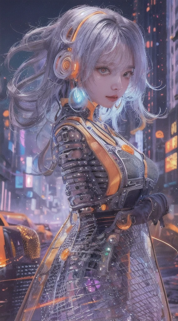 1 girl, Chinese_clothes, liquid silver and orange, cyberhan, cheongsam, cyberpunk city, dynamic pose, detailed luminous headphones, glowing hair accessories, long hair, glowing earrings, glowing necklace, cyberpunk, high-tech city, full of mechanical and futuristic elements, futuristic, technology, glowing neon, orange, orange light, transparent tulle, transparent streamers, laser, digital background urban sky, big moon, with vehicles, best quality, masterpiece, 8K, character edge light, Super high detail, high quality, the most beautiful woman in human beings, micro smile, face facing front and left and right symmetry, ear decoration, beautiful pupils, light effects, visual data, silver white hair, super detail facial texture