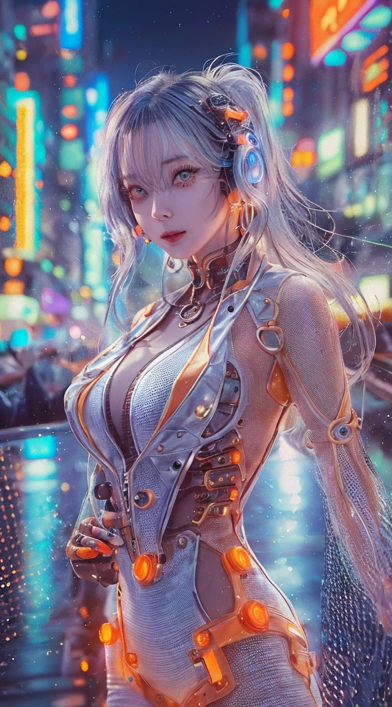 (masterpiece, Highest quality, Super detailed:1.3), Perfect composition, 4K, (Very detailed, Super detailed),(Rainy cyberpunk night city:1.5), Ultra-thin white latex swimsuit、White sheer long latex gloves、Transparent long latex tights,(The skin is slightly visible)、 High resolution, 8k Texture, Attention to detail, Highly detailed skin texture, Magnificent details, High Sharpness, One girl, (Fine grain:1.3), (25-year-old woman:1.3),（A smile that lowers the corners of the eyeouth showing teeth、((Rain makes me wet))