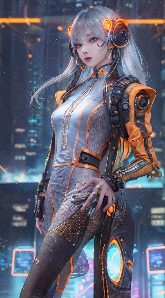 1 girl, Chinese_clothes, liquid silver and orange, cyberhan, cheongsam, cyberpunk city, dynamic pose, detailed luminous headphones, glowing hair accessories, long hair, glowing earrings, glowing necklace, cyberpunk, high-tech city, full of mechanical and futuristic elements, futuristic, technology, glowing neon, orange, orange light, transparent tulle, transparent streamers, laser, digital background urban sky, big moon, with vehicles, best quality, masterpiece, 8K, character edge light, Super high detail, high quality, the most beautiful woman in human beings, micro smile, face facing front and left and right symmetry, ear decoration, beautiful pupils, light effects, visual data, silver white hair, super detail facial texture