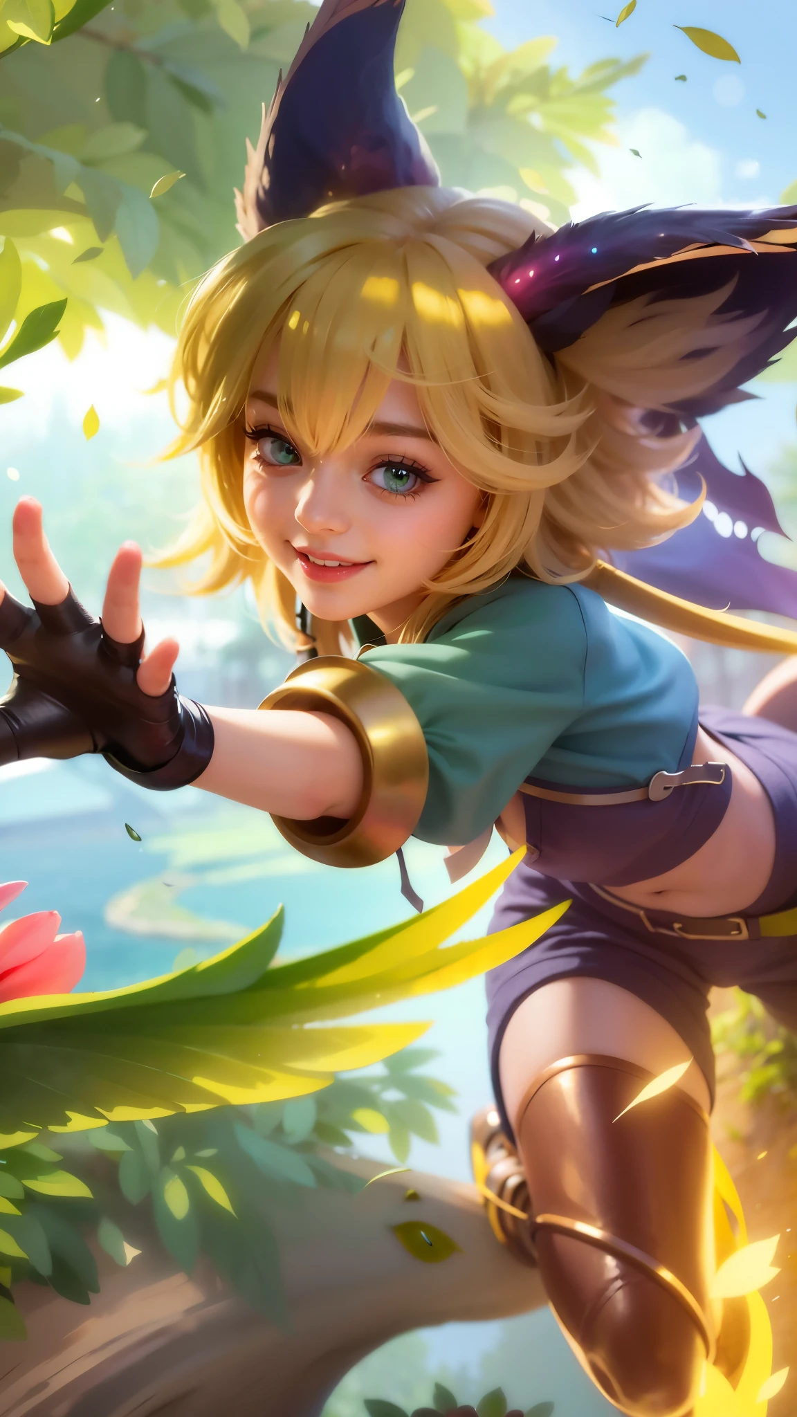 a girl with a cat hat and gloves, 8k, ultra hd, ultra detailed texture, hyper realistic, masterpiece, detailed texture, detailed face, detailed skin, detailed lighting, (photorealistic:1.5), best quality, beautiful lighting, cinematic lighting, professional lighting, ultra highres, realistic, detailed hair, real hair, high quality, (realskin:1.5), extremely detailed, finely detail, ultra-detailed, green eyes, smile.
