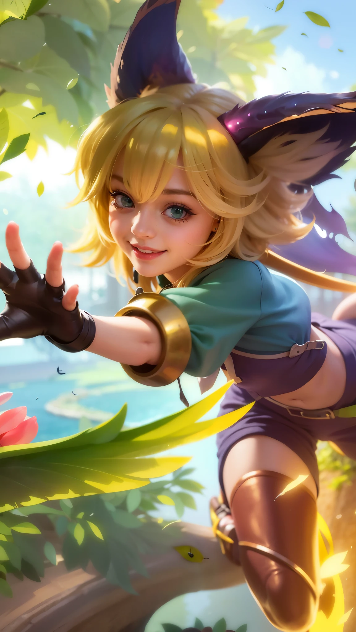 a girl with a cat hat and gloves, 8k, ultra hd, ultra detailed texture, hyper realistic, masterpiece, detailed texture, detailed face, detailed skin, detailed lighting, (photorealistic:1.5), best quality, beautiful lighting, cinematic lighting, professional lighting, ultra highres, realistic, detailed hair, real hair, high quality, (realskin:1.5), extremely detailed, finely detail, ultra-detailed, green eyes, smile.