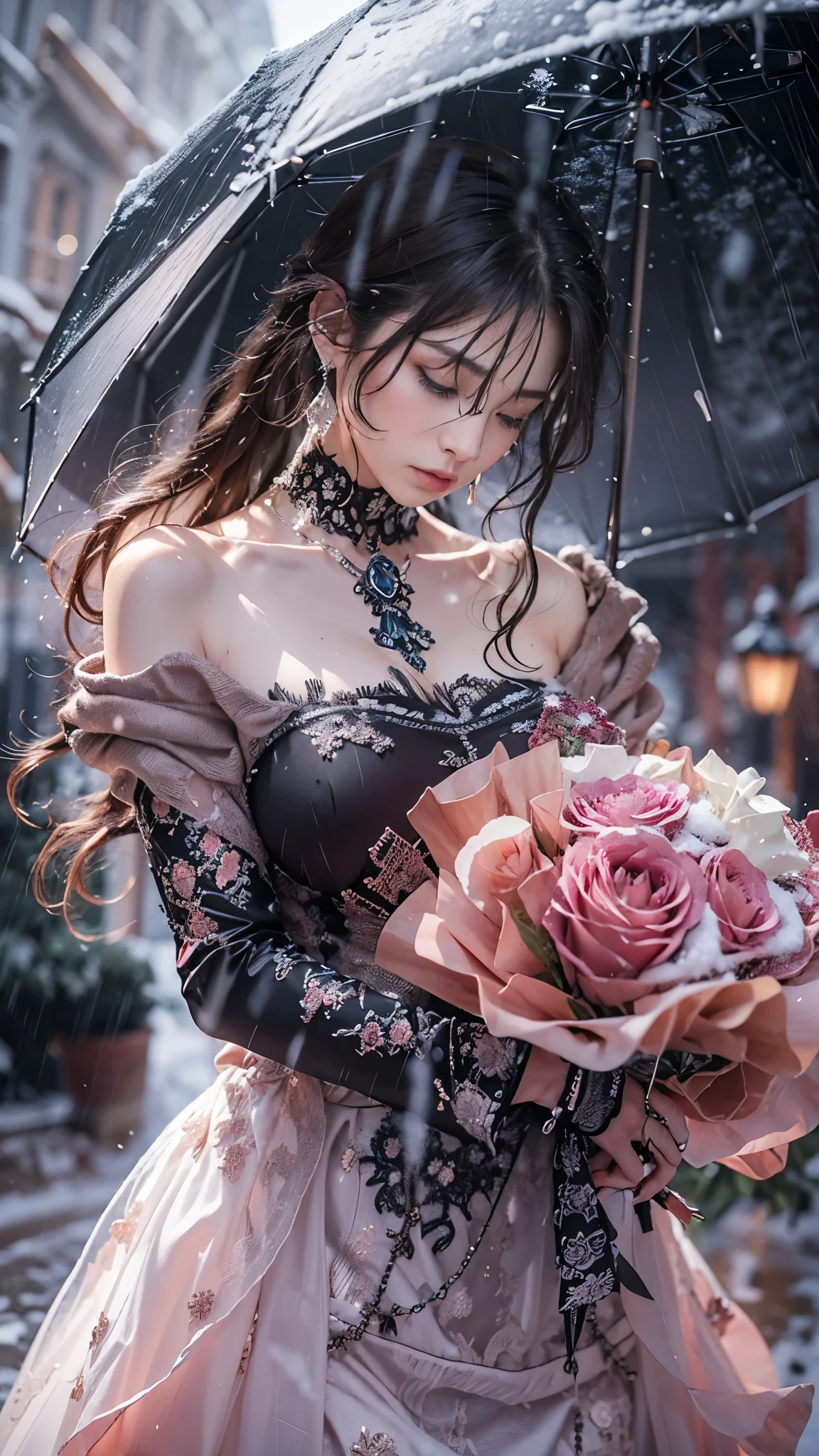 (RAW shooting, Photoreal:1.5, 8K, highest quality, masterpiece, ultra high resolution), ((((heavy snow, storm)))), Highly detailed skin and facial textures:1.3, perfect dynamic composition:1.2, (In front of a church at night in a modern city, expression of sadness:1.0, Tears are flowing:1.0, cry with a broken heart:1.0), Slim office lady wet in the rain:1.3, cowboy shot, Fair skin:1.2, sexy beauty:1.1, perfect style:1.2, beautiful and aesthetic:1.1, very beautiful face:1.2, water droplets on the skin, (rain drips all over my body:1.2, wet body:1.2, wet hair:1.3), (professional dressing:1.1, Holding a bouquet of wet roses:1.2, The correct way to wear a wet pink wedding dress:1.3), (Medium chest, Bra see-through, Chest gap),  (Eyes that feel beautiful eros:0.8, Too erotic:0.8, Bewitching:0.8), necklace, earrings, bracelet, wedding ring, Highly detailed and accurate hand and finger representation