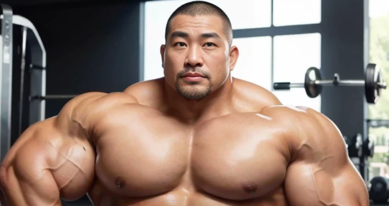 (tank top:1.4), (at gym:1.4), 40's, (Japanese face:1.4), (Korean face:1.4), (Chinese face:1.4), (Taiwanese face:1.4), manly face, fat face, (round face:1.4), (monolid eyes:1.2), (buzz cut:1.5), very large and strong body, bulky body, beefy muscles, (bulging muscles:1.4), (very large pectoral muscles:1.4), (muscular arms:1.4), muscular abs, muscular legs, muscular back, bright oily skin, (realistic:1.2), distant view