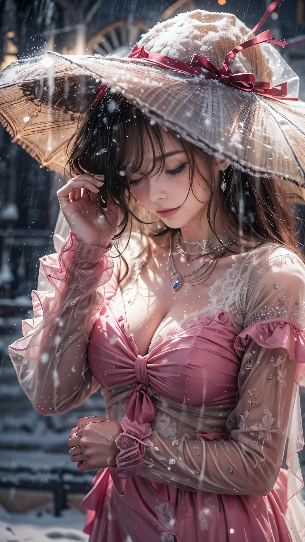 (RAW shooting, Photoreal:1.5, 8K, highest quality, masterpiece, ultra high resolution), ((((heavy snow, storm)))), Highly detailed skin and facial textures:1.3, perfect dynamic composition:1.2, (In front of a church at night in a modern city, expression of sadness:1.0, Tears are flowing:1.0, cry with a broken heart:1.0), Slim office lady wet in the rain:1.3, cowboy shot, Fair skin:1.2, sexy beauty:1.1, perfect style:1.2, beautiful and aesthetic:1.1, very beautiful face:1.2, water droplets on the skin, (rain drips all over my body:1.2, wet body:1.2, wet hair:1.3), (professional dressing:1.1, Holding a bouquet of wet roses:1.2, The correct way to wear a wet pink wedding dress:1.3), (Medium chest, Bra see-through, Chest gap), (Eyes that feel beautiful eros:0.8, Too erotic:0.8, Bewitching:0.8), necklace, earrings, bracelet, wedding ring, Highly detailed and accurate hand and finger representation