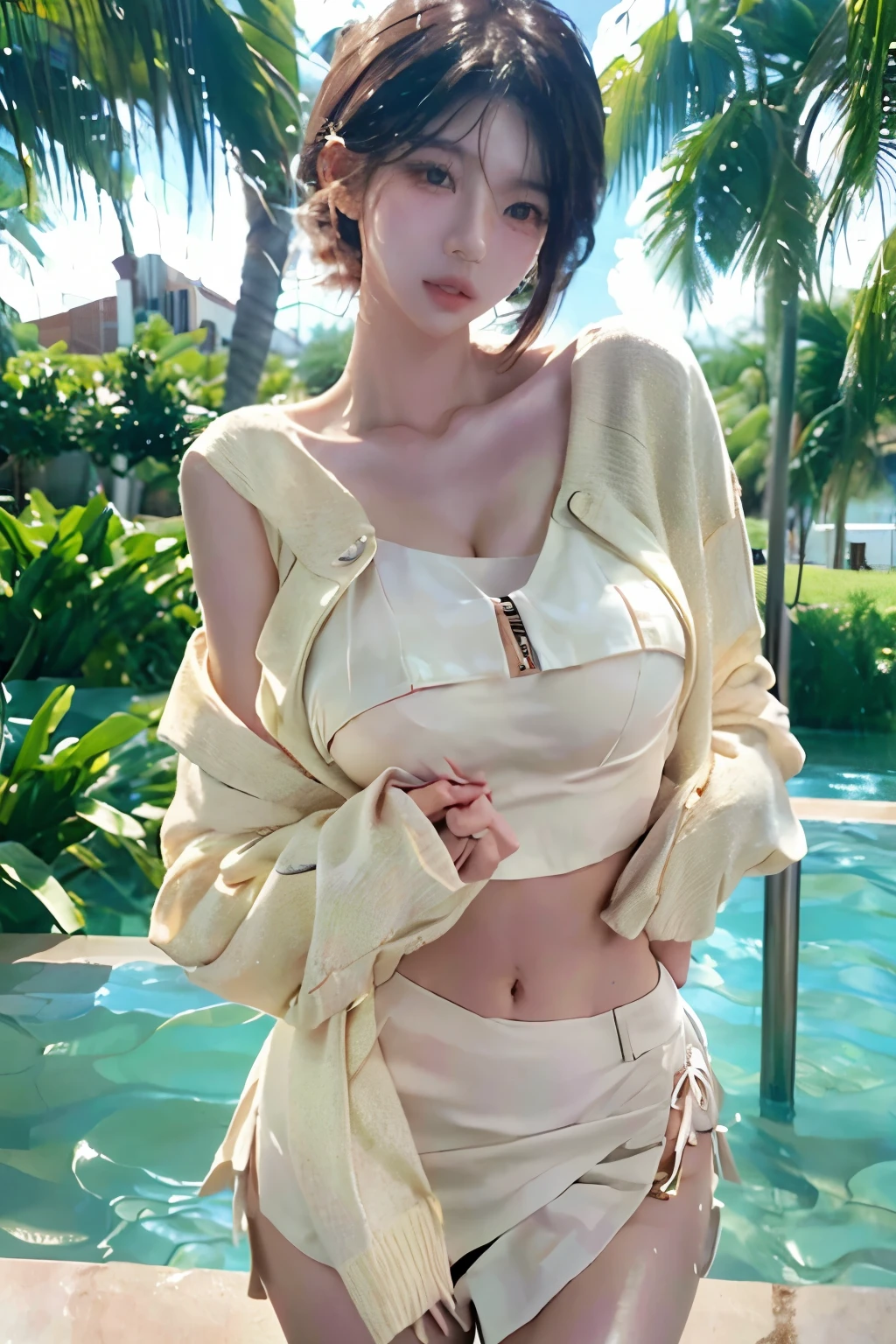 Beautiful woman with perfect body:1.4,layered hairstyle,prominent cleavage,White bra:1.5,ultra short pleated skirt,whole body,Highly detailed facial and skin textures,double eyelids,whiten skin,long hair