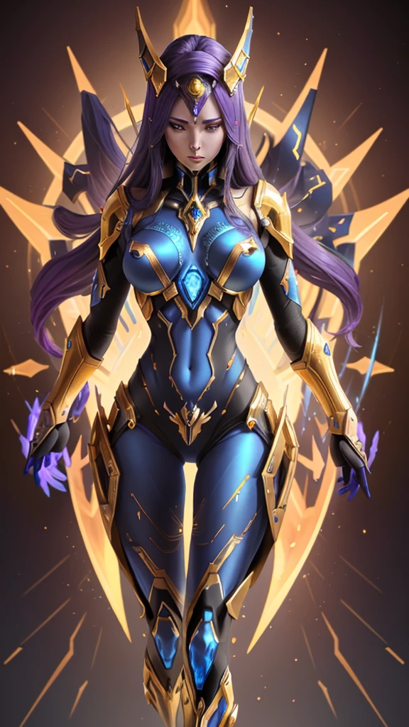 protoss femme fatale. Intricate protoss armor detailed in gold and blue gems. Ephemeral psionic energy covers his entire being.
