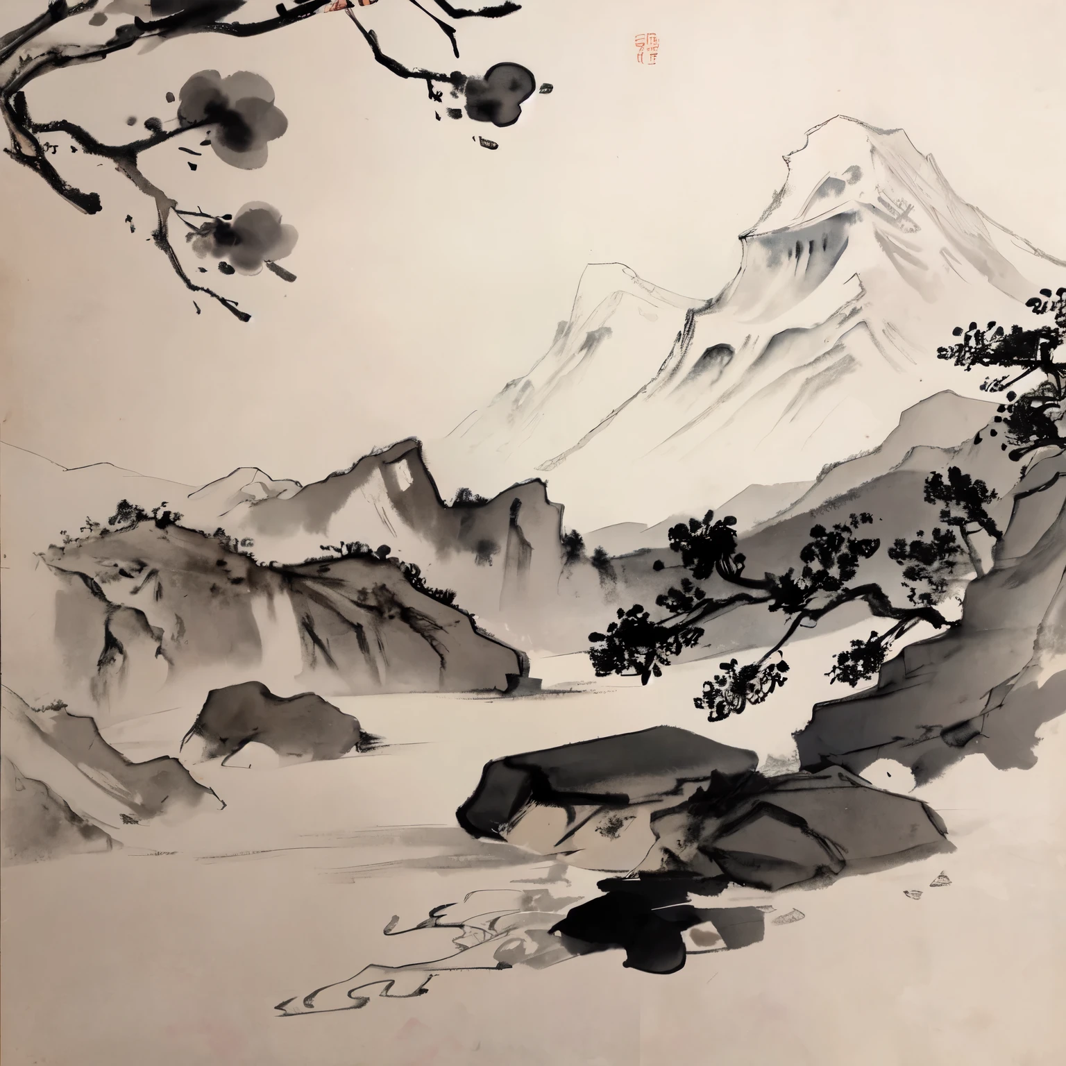 Chinese traditional ink painting, (traditional Chinese painting), monochrome,distant mountains，Lots of white space