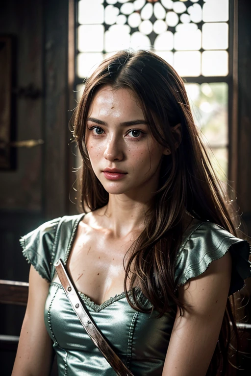 masterpiece、(((reality photograph、realistic:2)))、NSFW, super high quality、8K resolution、crystal clear、highest quality、ultra-detailed、RAW UHD format、droopy eyes、high resolution glowing eyes、Feminine body shape, redhead, highest quality, shirt, close, realistic skin texture, upper body portrait, photograph shoot, detailed facial features, Film grain texture and high contrast, Very high resolution details, photograph, realistic, 超realistic, HDR, masterpiece、Medieval European princess in a dresedieval European World、He is a master swordsman and bravely fights against the evil hordes that attack him.、(((Fight with a sword、battle-stained body)))、very small breasts