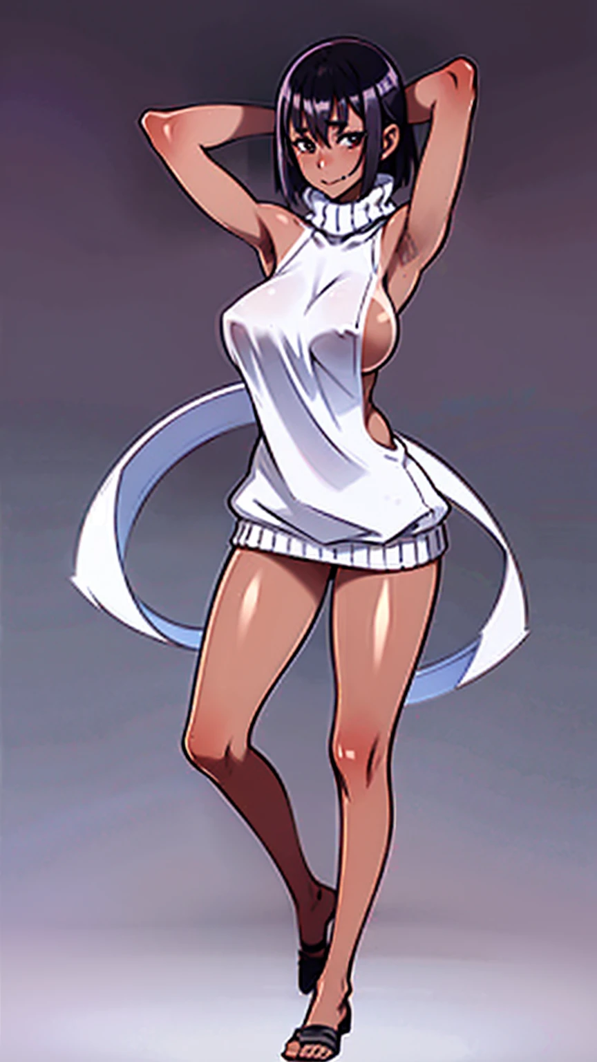 (Best Quality, masterpiece), 1girl, smile, (young girl), (armpits), (arms behind head), (Black hair), short hair, (virgin_killer_sweater:1.4), (large breasts), (sideboob:1.4), (tan:1.4), (tanlines:1.4), dark-skinned female, dark skin, (standing), (simple_background),