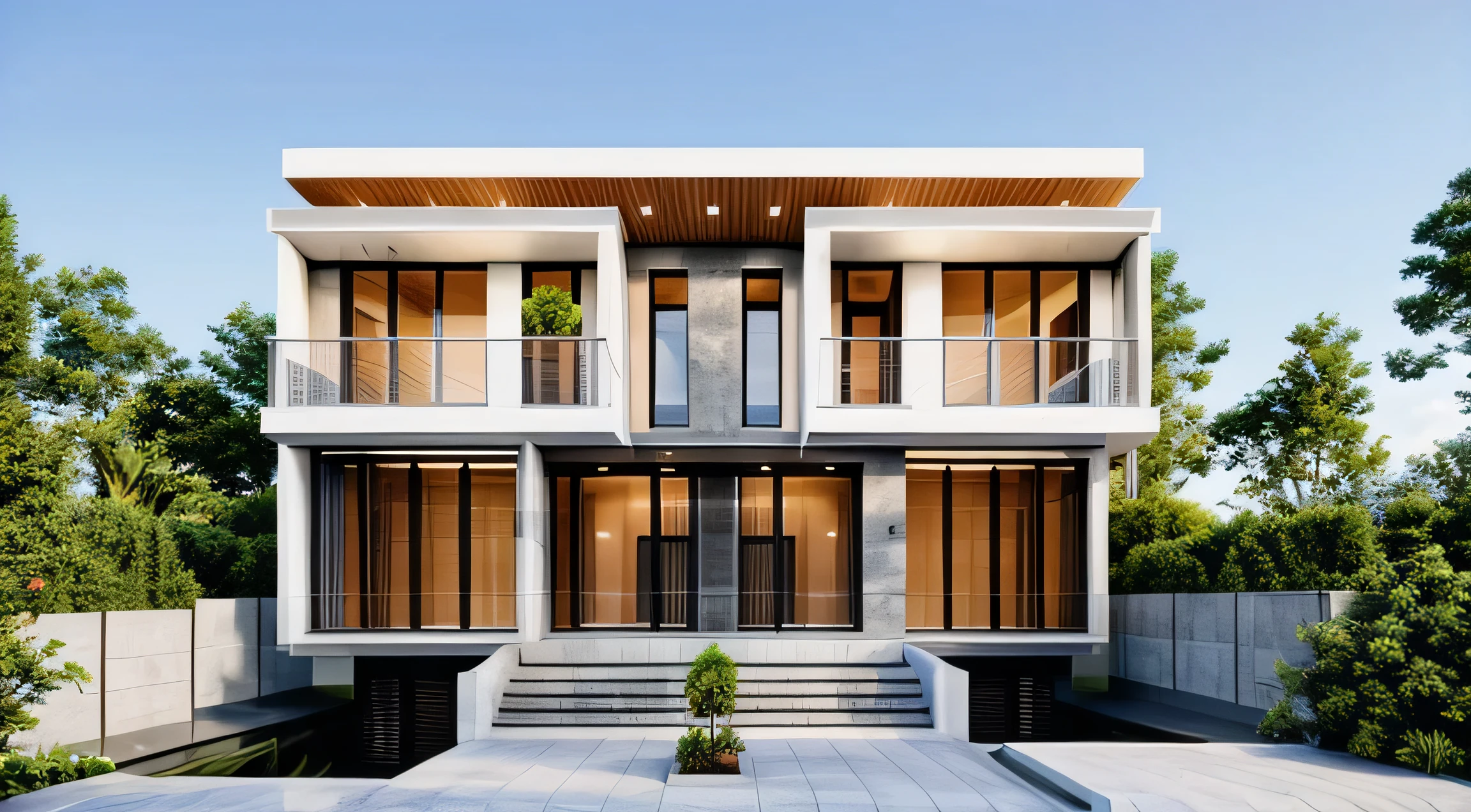 Modern Architecture, granite walls, wooden floors, wall painted white, concrete ceilings, black rail ceilings, xingfa glass doors, lawn garden views, ornamental plants, sunrise, realistic, best quality , sharpest image, sunset light, Vray rendering, full detail,8k