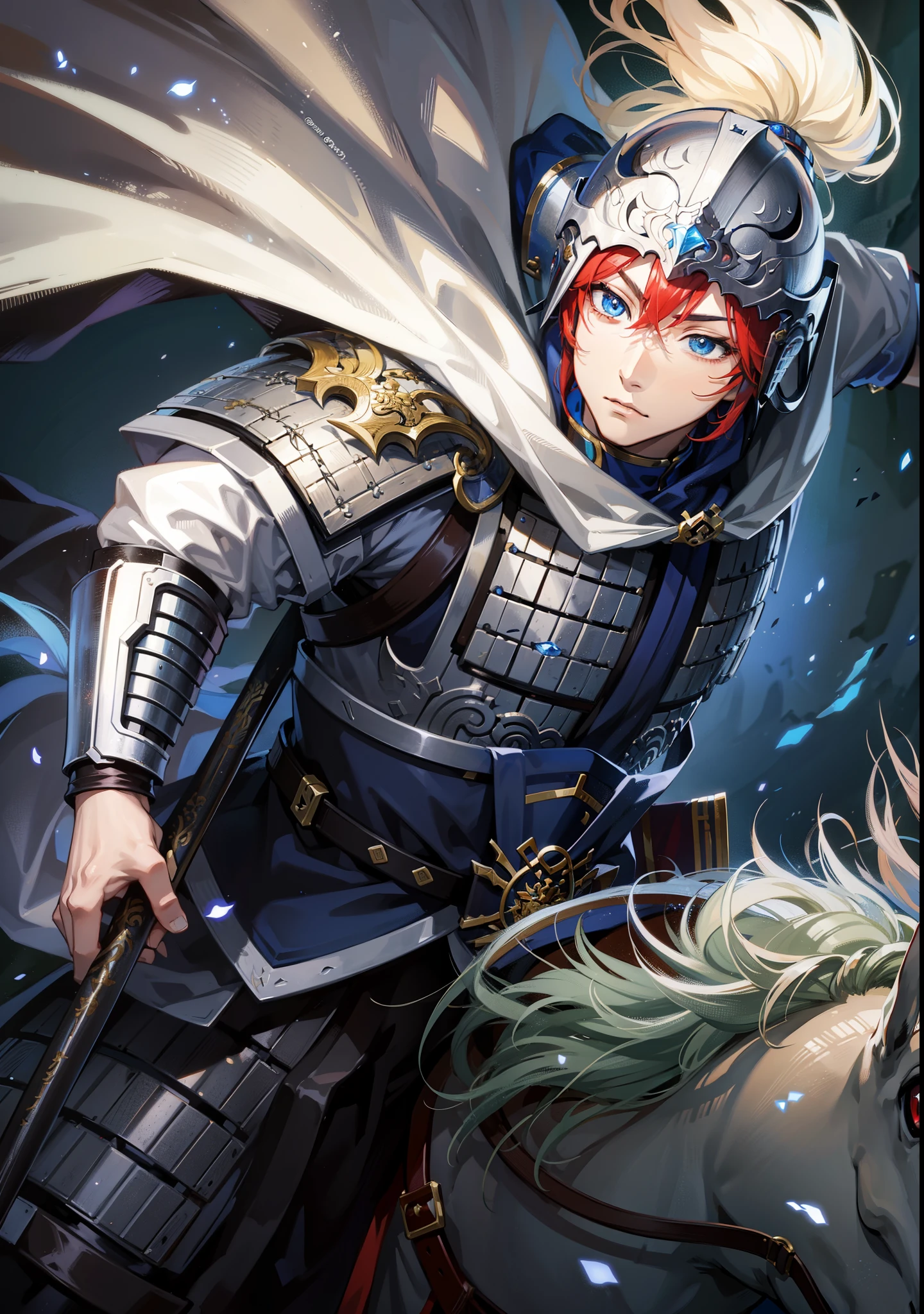 Red-haired anime character riding a red horse,手拿长枪骑着红马的handsome guy,Inspired by Zhao Yun,Inspired by the red-haired Chinese warrior Jiang Wei from Dynasty Warriors, fantasy style anime, wearing shining armor, 先进的数字动漫艺术”Anime Fantasy Artwork, Detailed anime character art, 斩妖除魔艺术中的handsome guy, shadow poetry style, wearing shining plate armor, Anime Fantasy Illustration, zero art, Anime Fantasy Artwork,Three Kingdoms style,Dynasty Warriors style,blue eyes,Red eyebrows,Dark red eyelashes,young general,Wearing a Chinese style helmet,handsome guy,Zhao Yun's helmet