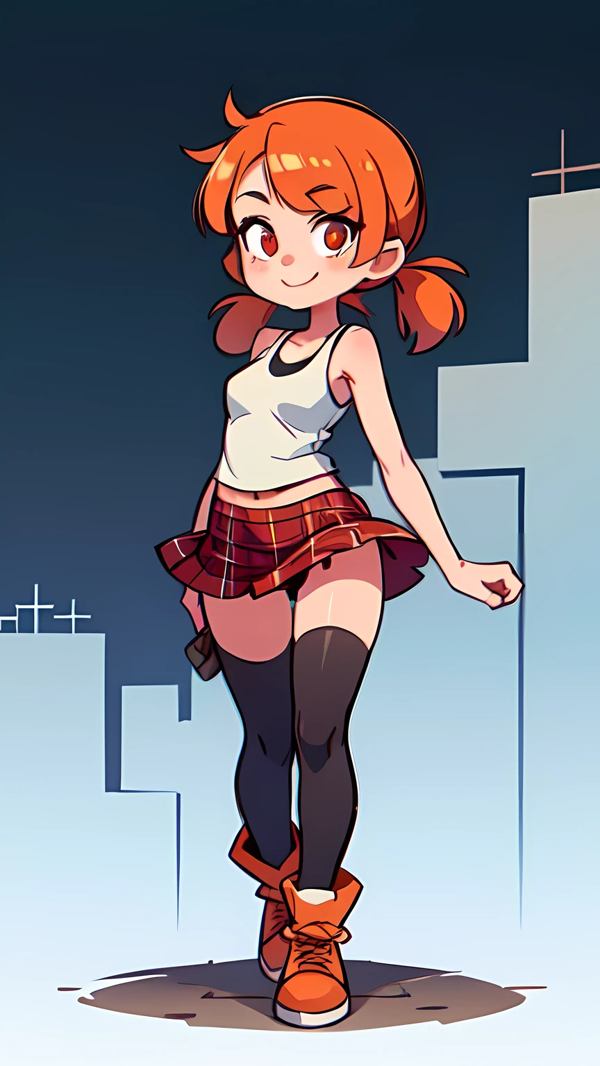 1girl,solo,full body,looking at viewer,facing viewer,short low twintails,orange hair,red eyes,twin parted bangs,hair pulled back,solid outline,smile,black thighhighs,red plaid skirt,gray tanktop,military boots