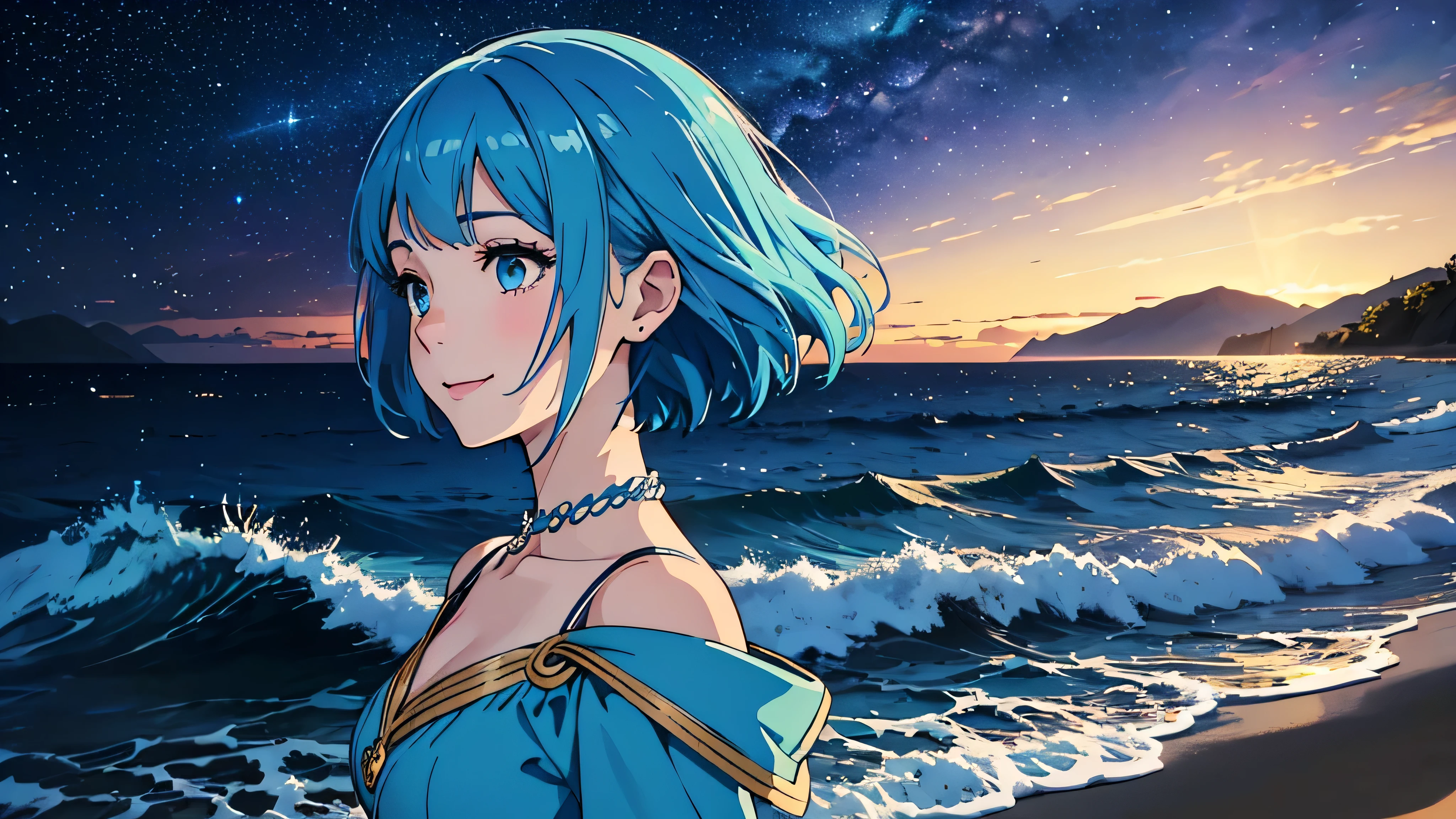 Create a bust-up shot of a smiling girl with a short bob hairstyle, looking towards the sea from a sandy beach. The setting is nighttime with a starry sky above. She should be in profile view. The girl is adorned in a bright blue costume inspired by waves, complemented by bright blue hair. The atmosphere should evoke a sense of fantasy.