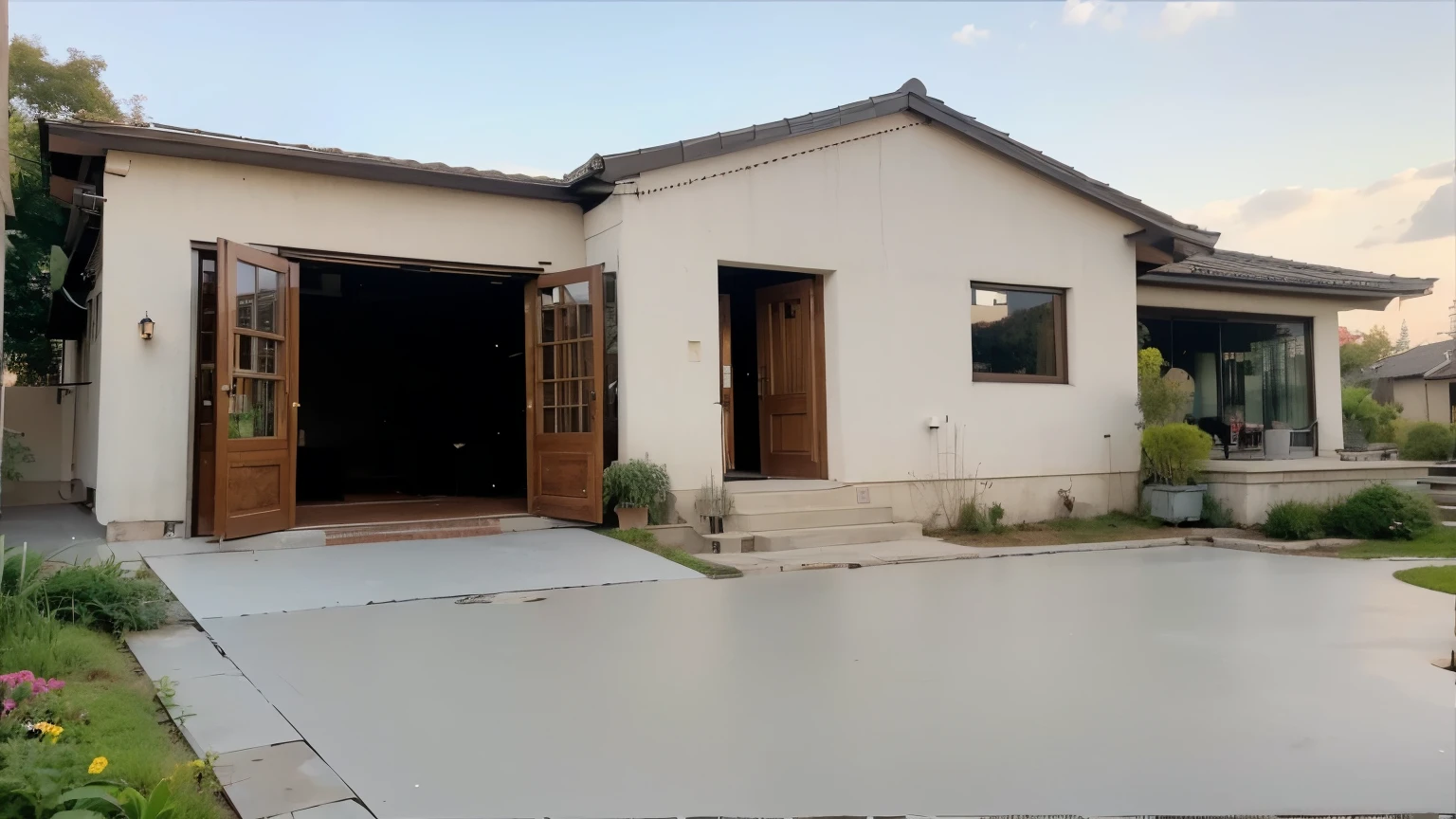 there is a white house with a brown door and a brown door, vista externa, vista frontal, imagem frontal, vista externa, grande angular exterior 2022, voltado para frente, altamente renderizado!!, render with resolute perfection, voltado para frente, 2 5 6 x 2 5 6, 256x256, foto tirada em 2 0 2 0