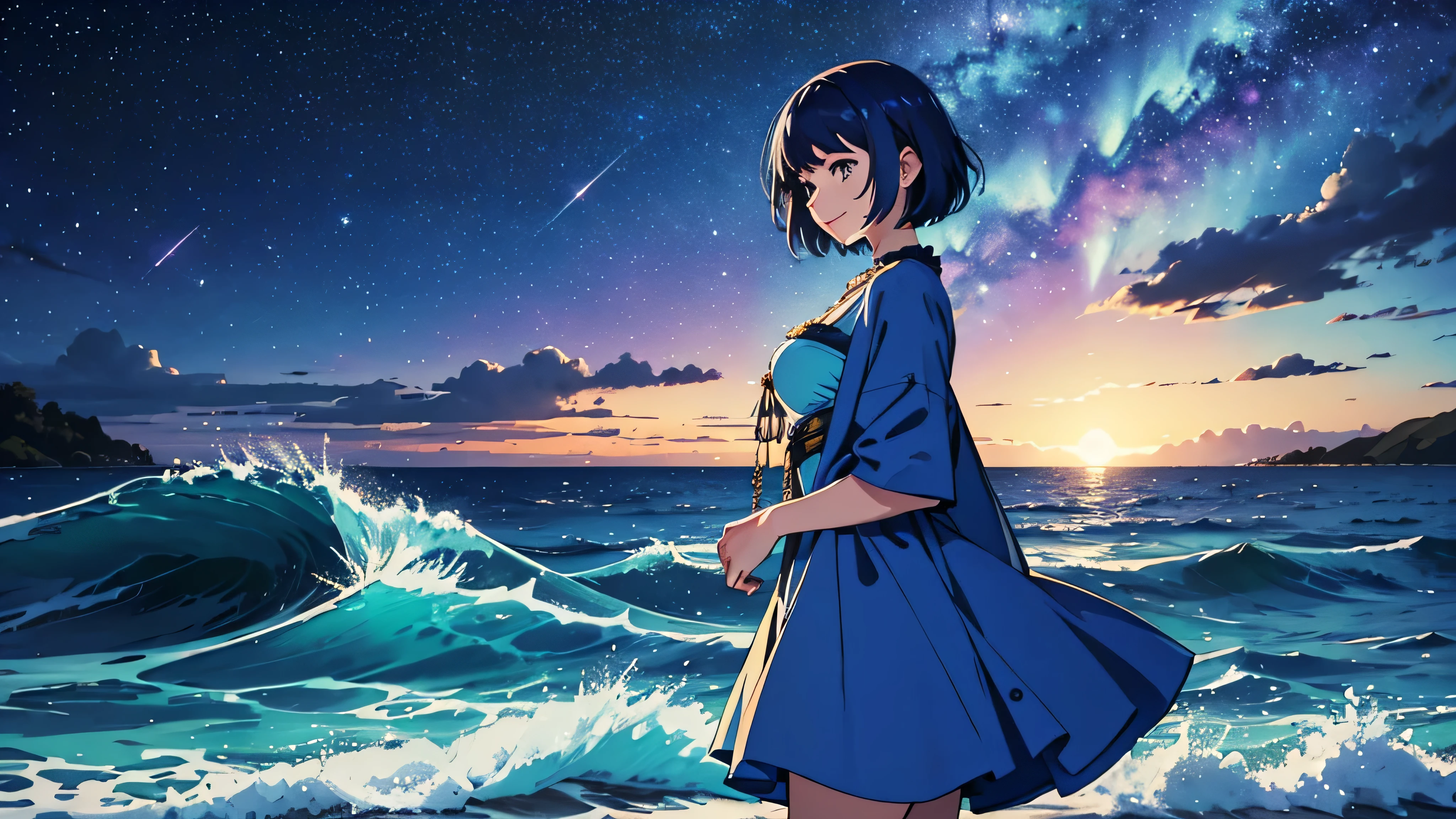Create a bust-up shot of a smiling girl with a short bob hairstyle, looking towards the sea from a sandy beach. The setting is nighttime with a starry sky above. She should be in profile view. The girl is adorned in a bright blue costume inspired by waves, complemented by bright blue hair. The atmosphere should evoke a sense of fantasy.