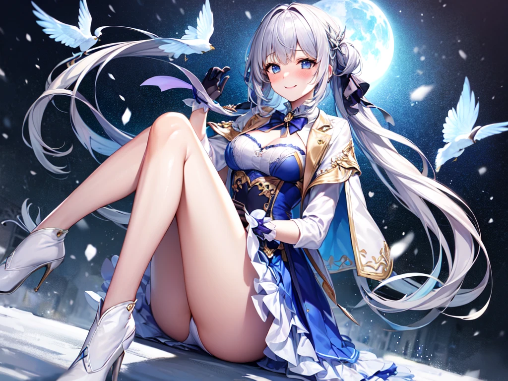 (Super beautiful CG、high resolution、highest quality)、(smile、blush、medium breastasterpiece:1.8)、((super quality))、((Ultra-detail illustration))、((stunning CG))、
snowミク、1 girl、soght blue hair)、(blue eyes)、long hair、twin tails、(Silver hair ornament)、collared shirt、(snowの結晶の髪飾り:1.2)、tie、Removal sleeve、white sleeves、pleated skirt、(check skirt)、(White and blue skirt)、sleeveless shirt、Gown coat、(Dark blue gown)、(Wearing a gown)、snow、Depth of the bounds written、happiness、Viewer&#39;s perspective、blush、、sketch、particles of light、film grain、double exposure、粉snow、(Are standing)、(up to the knees)、female focus、gloves、(ミトンのgloves)、(白いgloves)